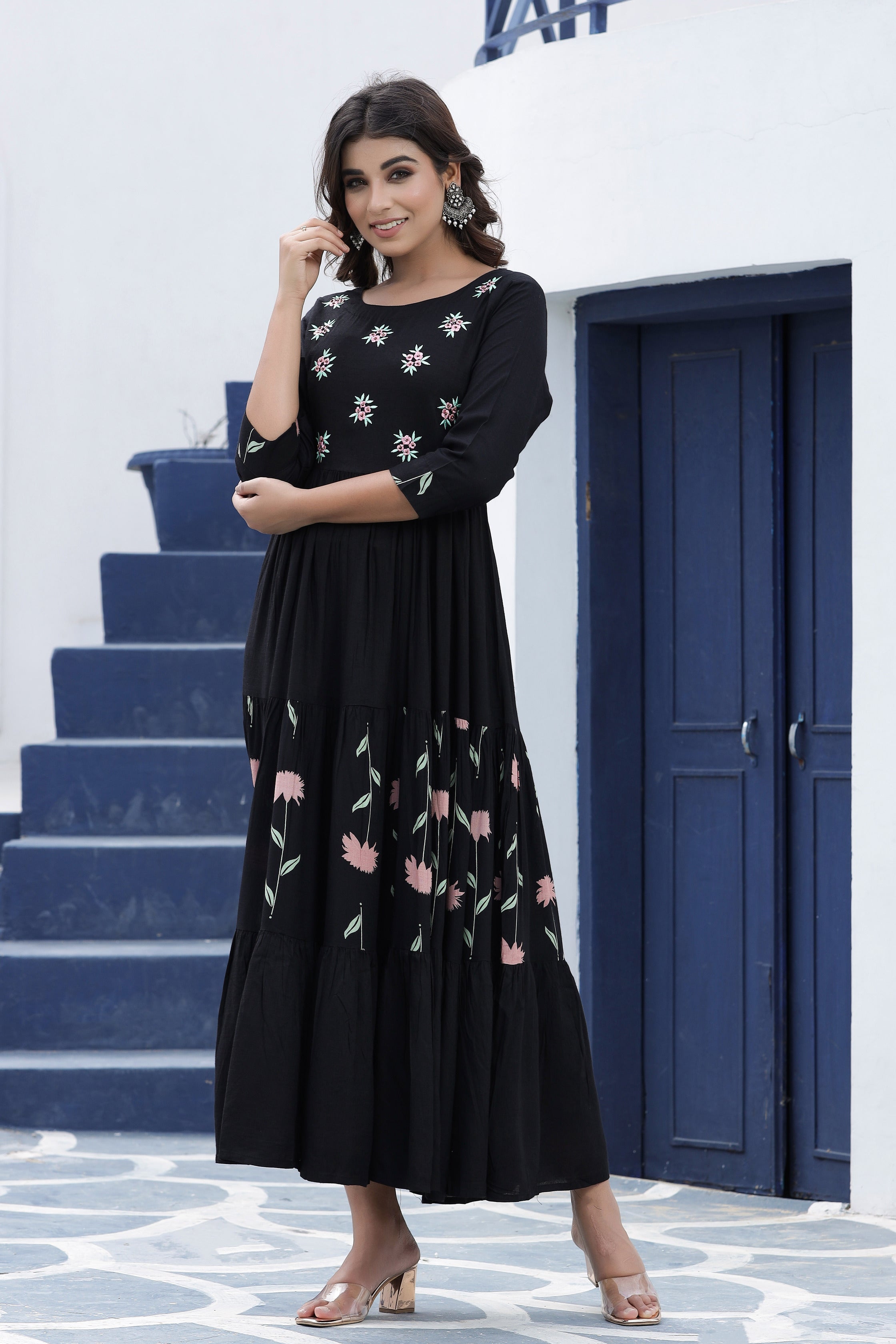 Women's Black Embroidered Dress - Yufta