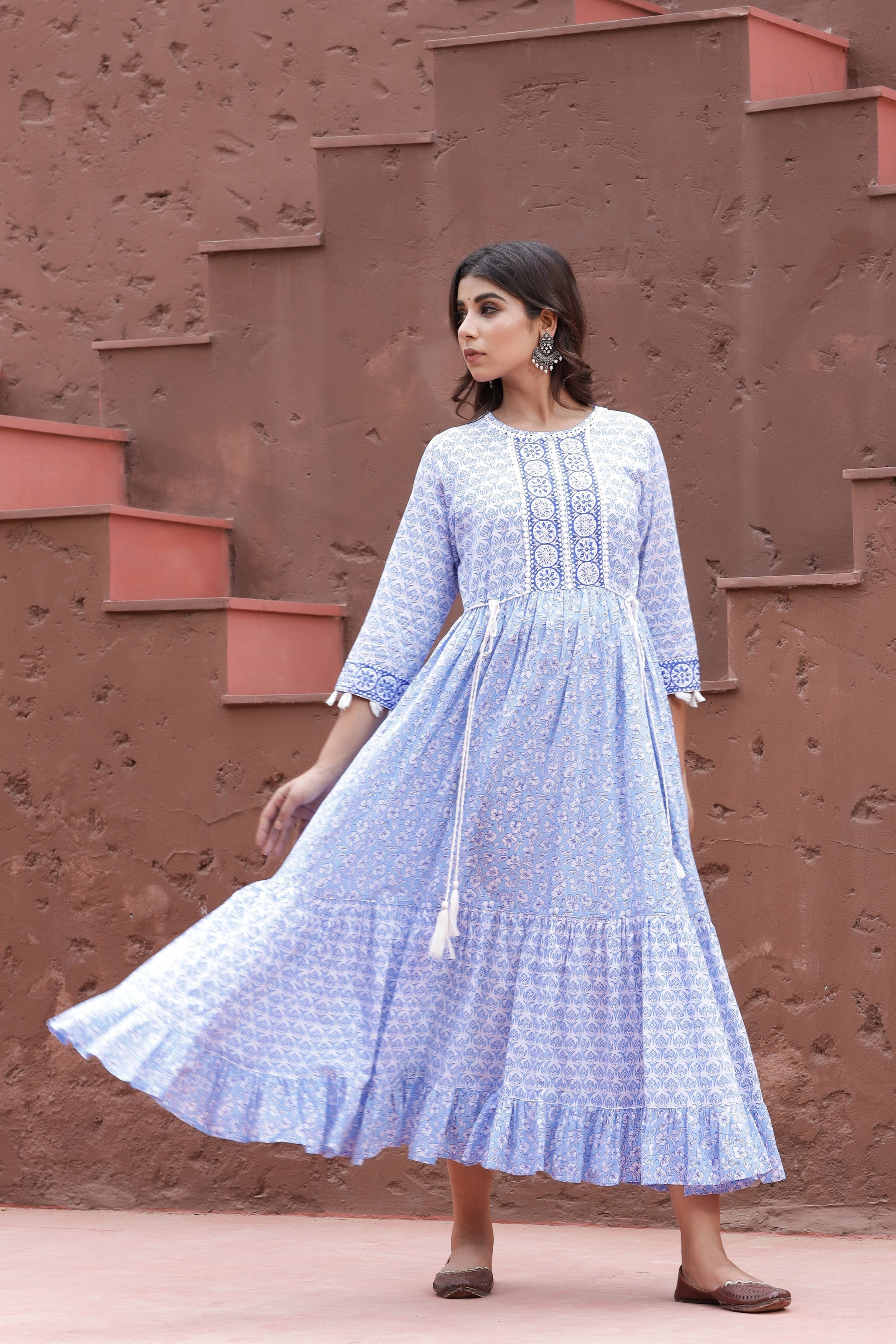Women's Blue Printed Dress - Yufta