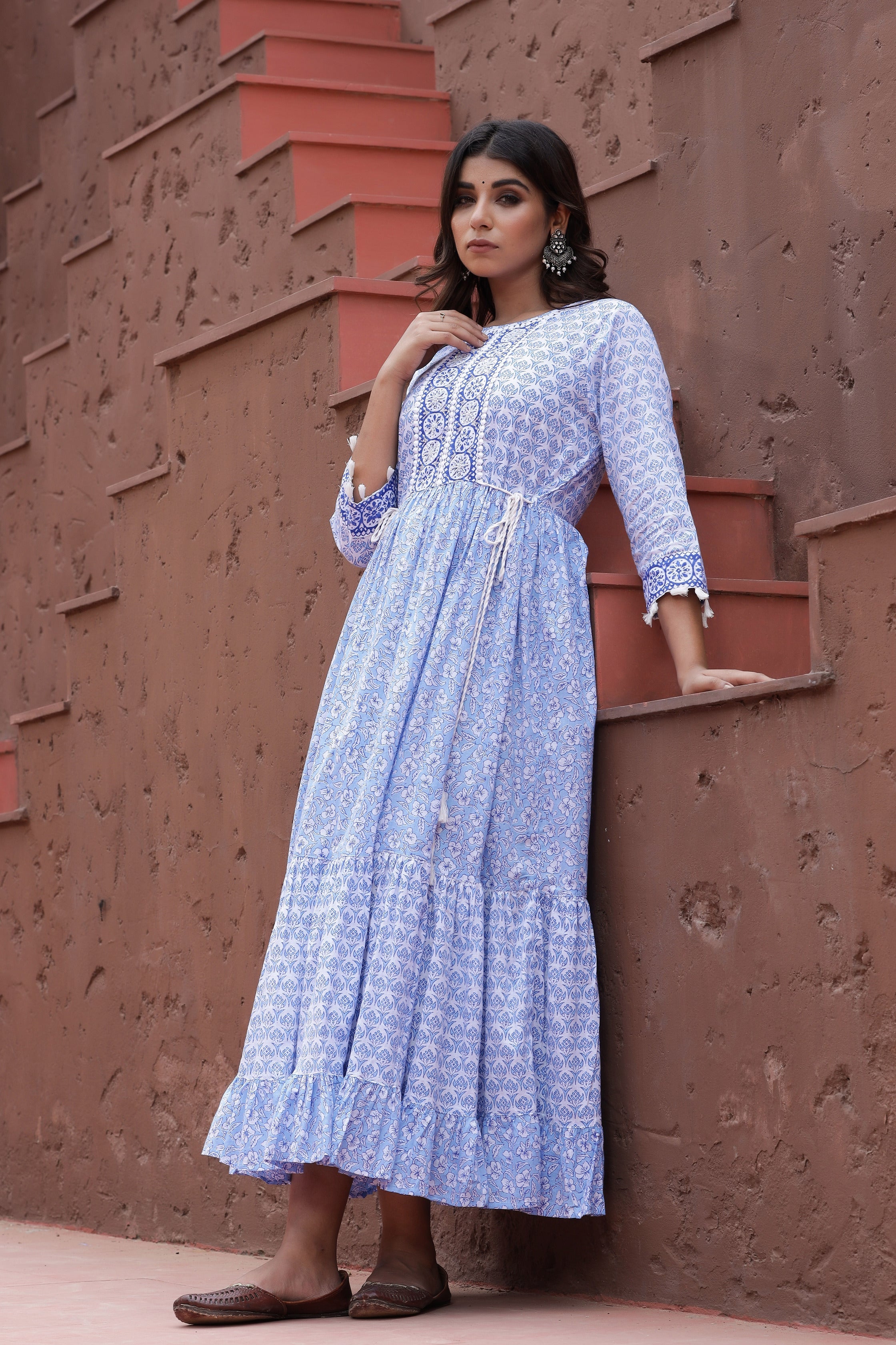 Women's Blue Printed Dress - Yufta