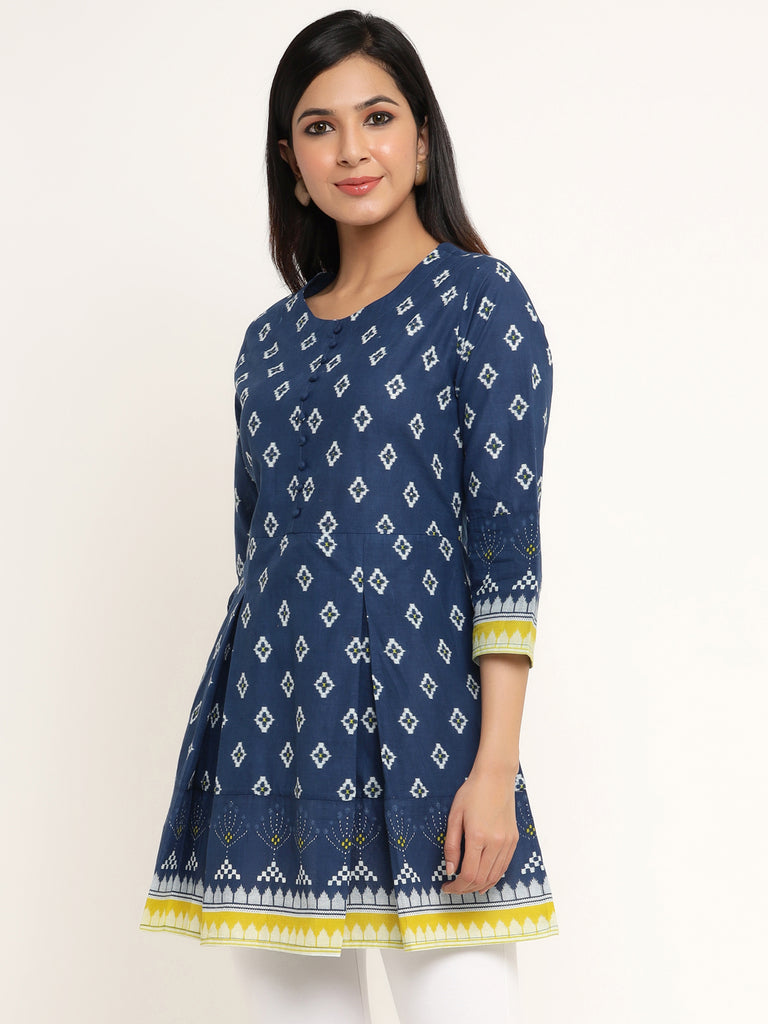 Women's Self Desgin Cotton Fabric Short Kurta Blue Color