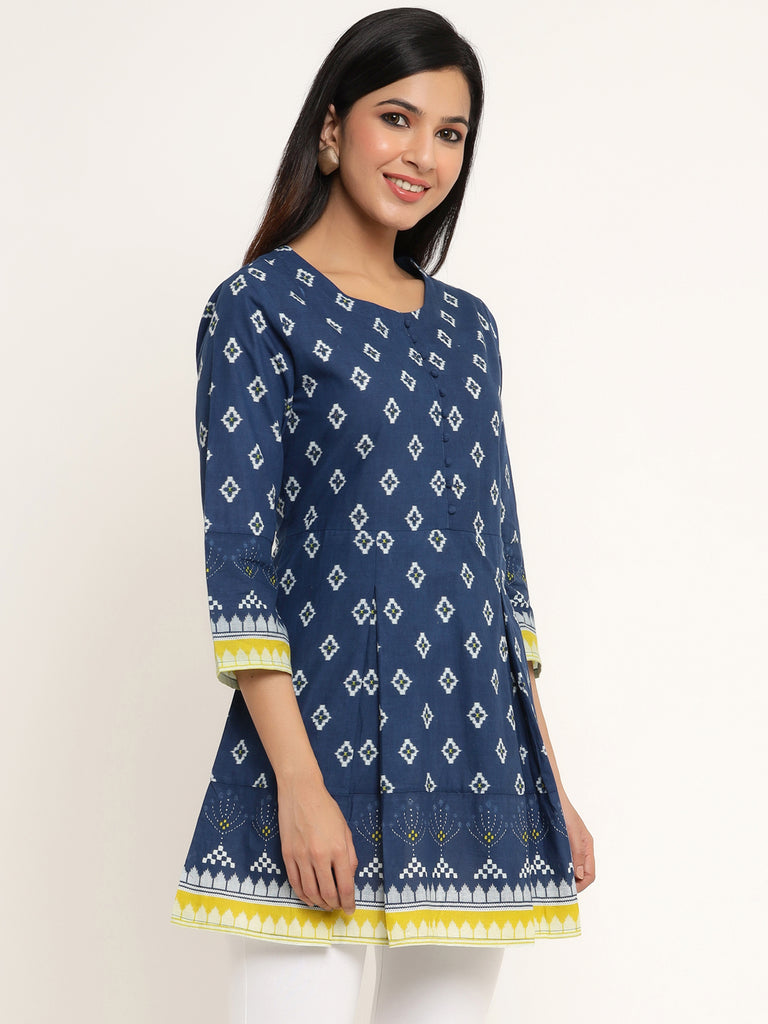 Women's Self Desgin Cotton Fabric Short Kurta Blue Color
