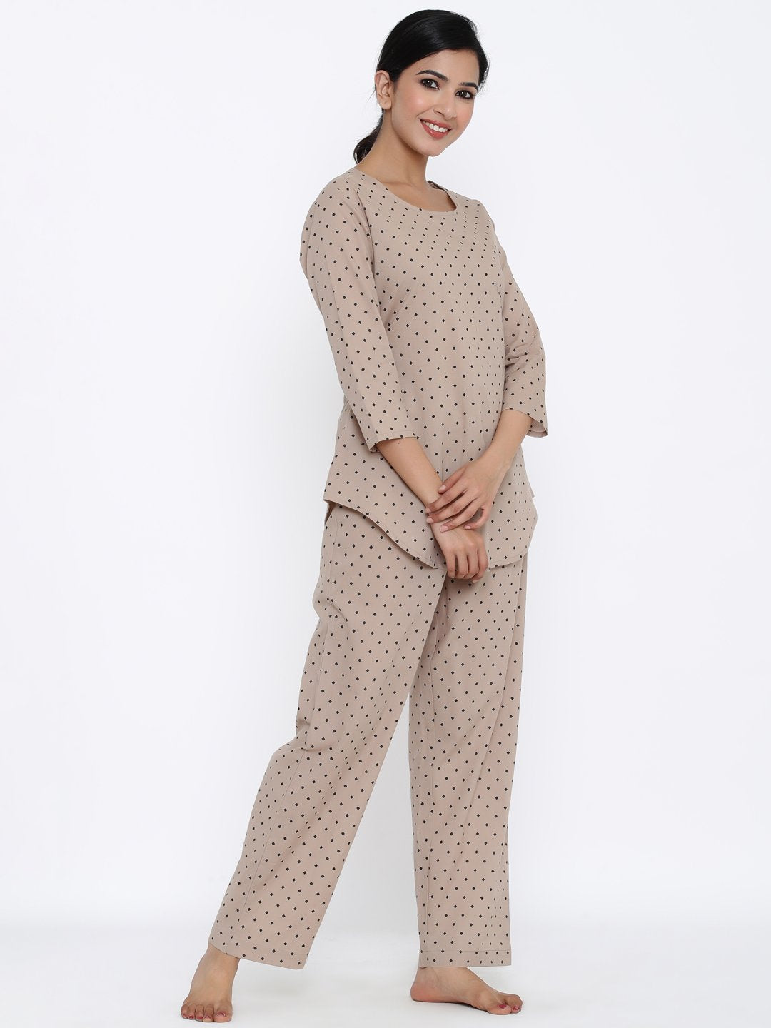 Women's Cream Printed Cotton Night Suit by Kipek (2 Pc Set)
