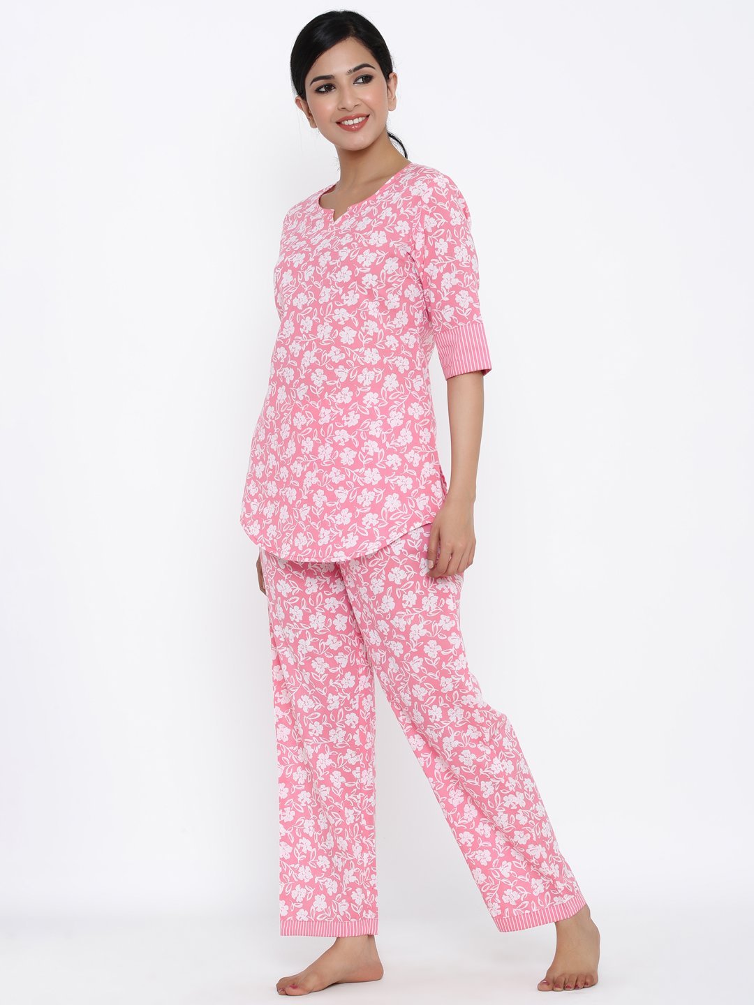 Women's Pink Printed Cotton Night Suit by Kipek (2 Pc Set)