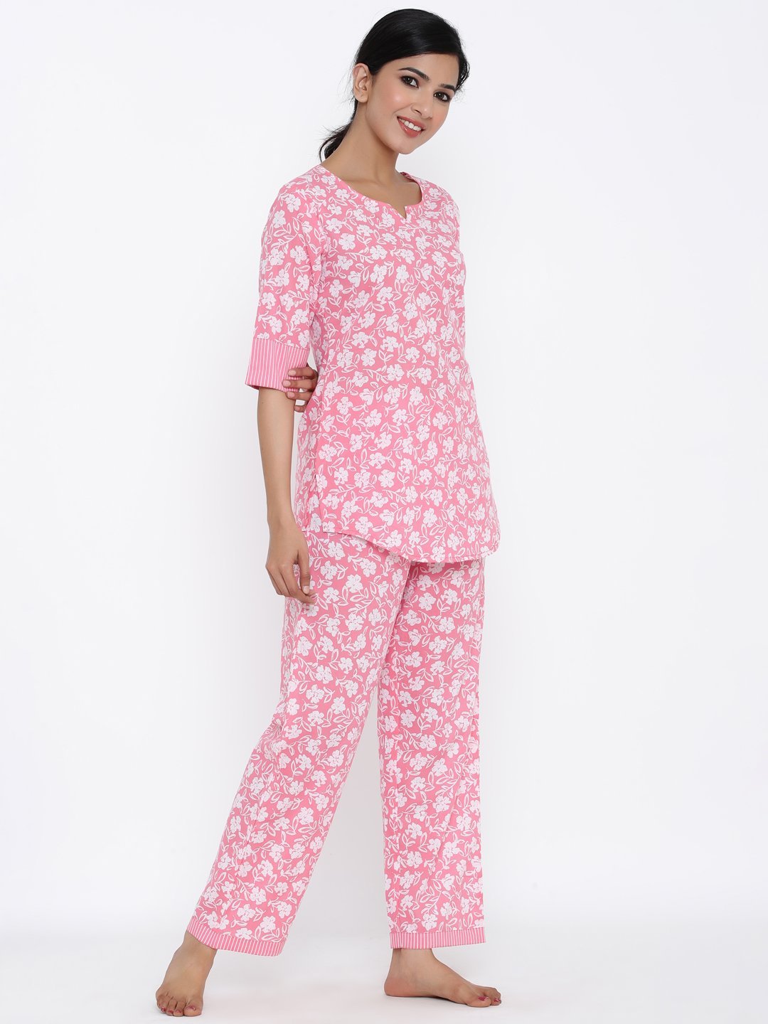 Women's Pink Printed Cotton Night Suit by Kipek (2 Pc Set)