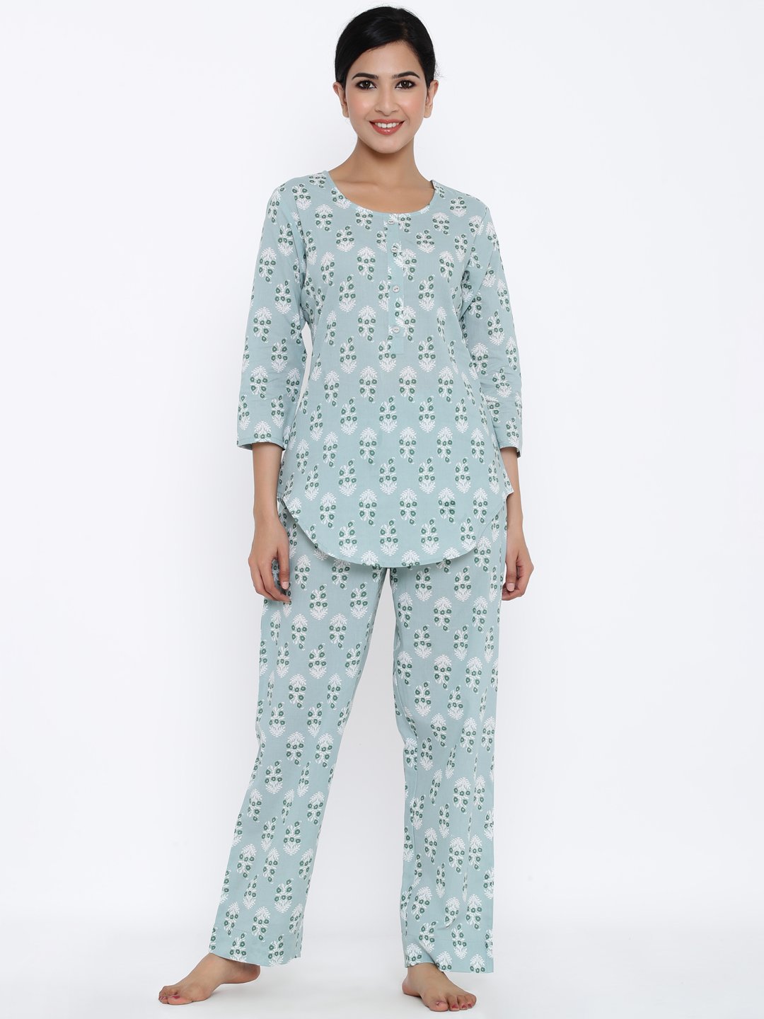Women's Printed Cotton Fabric Night Suit Light Grey Color - Kipek