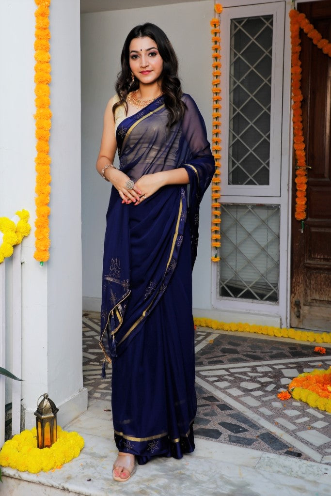 Women's Blue Chiffon Saree - Indi Inside