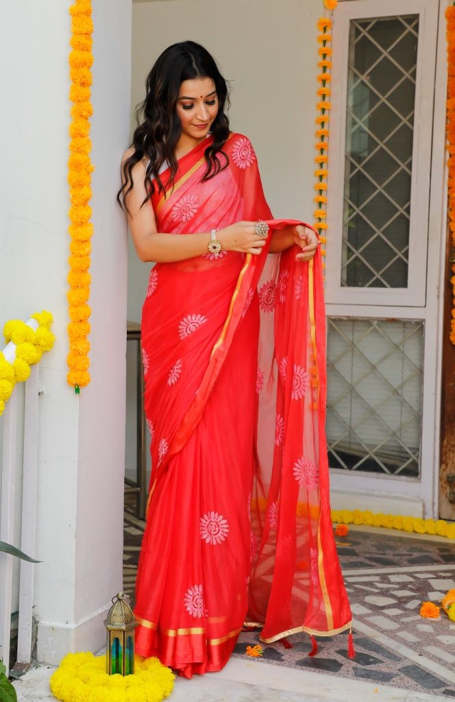 Women's Red Chiffon Saree - Indi Inside
