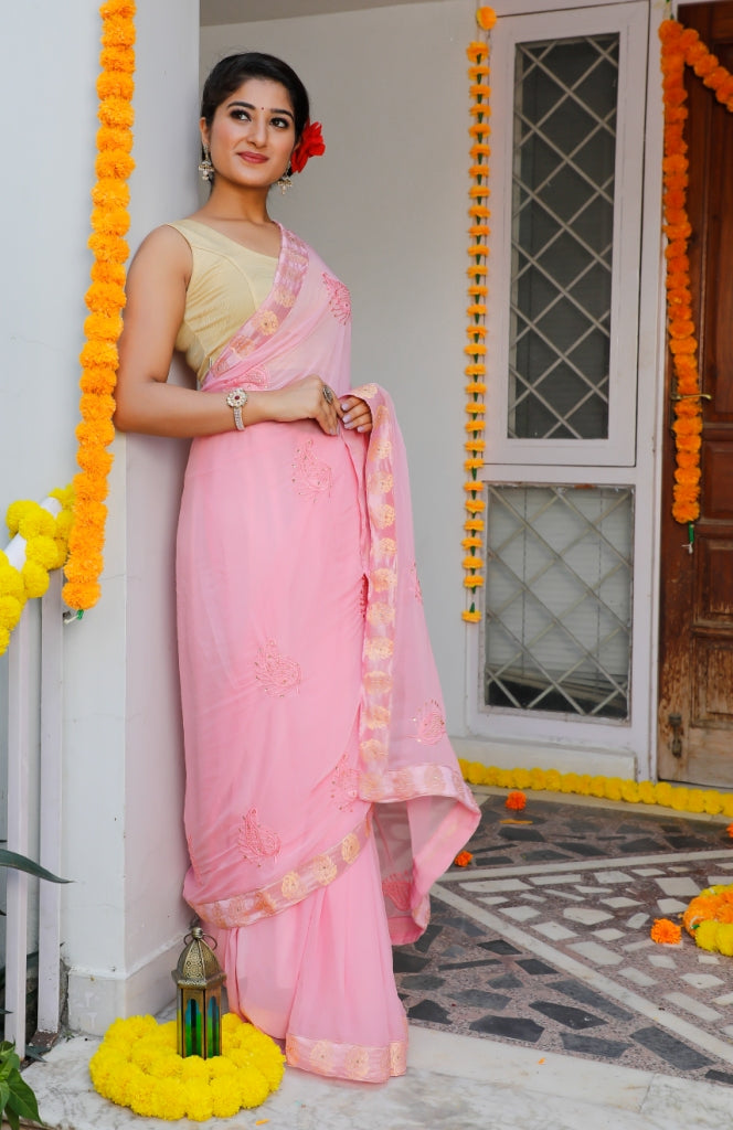 Women's Pink Chiffon Saree - Indi Inside