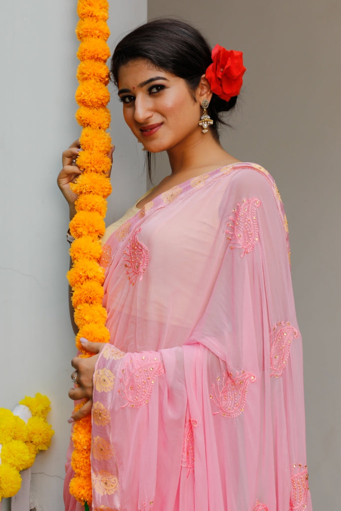 Women's Pink Chiffon Saree - Indi Inside