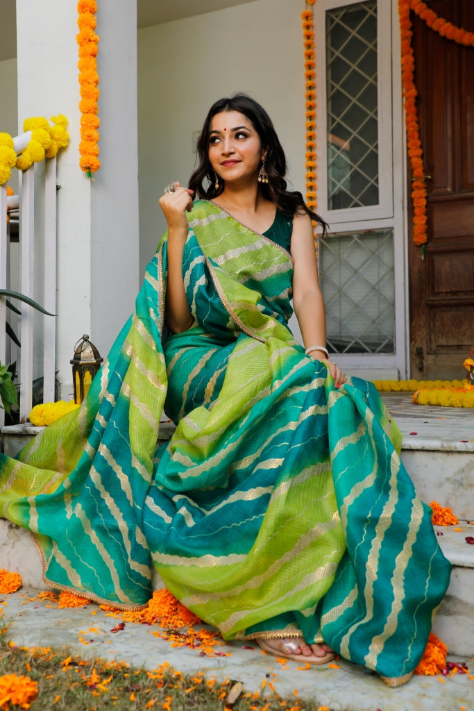 Women's Green Chiffon Saree - Indi Inside