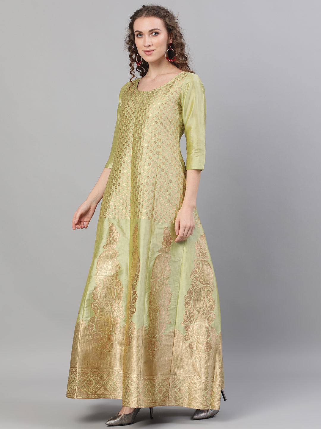 Women's Gold Jacquard Zari Work Maxi Dress - Aks