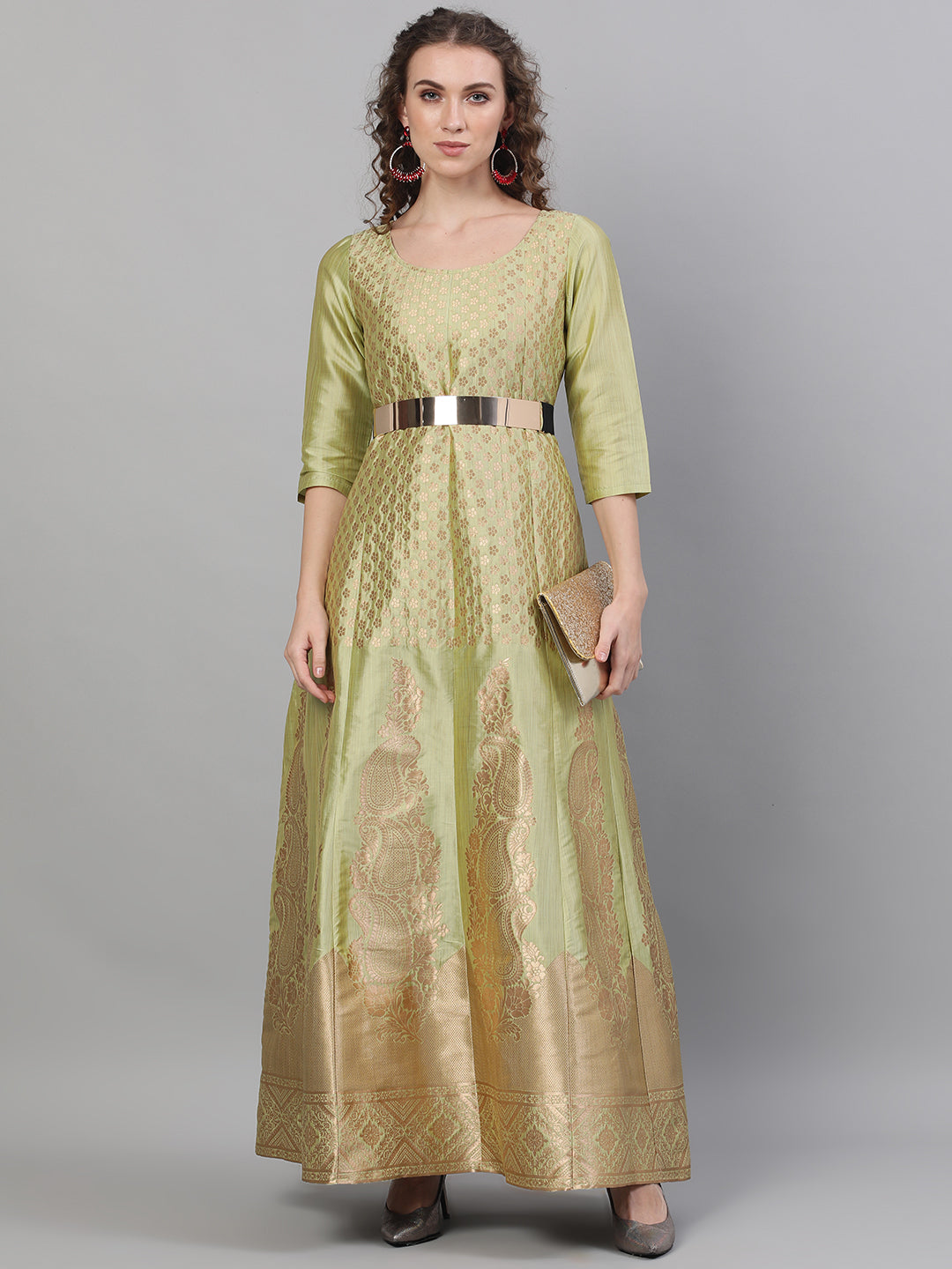 Women's Gold Jacquard Zari Work Maxi Dress - Aks