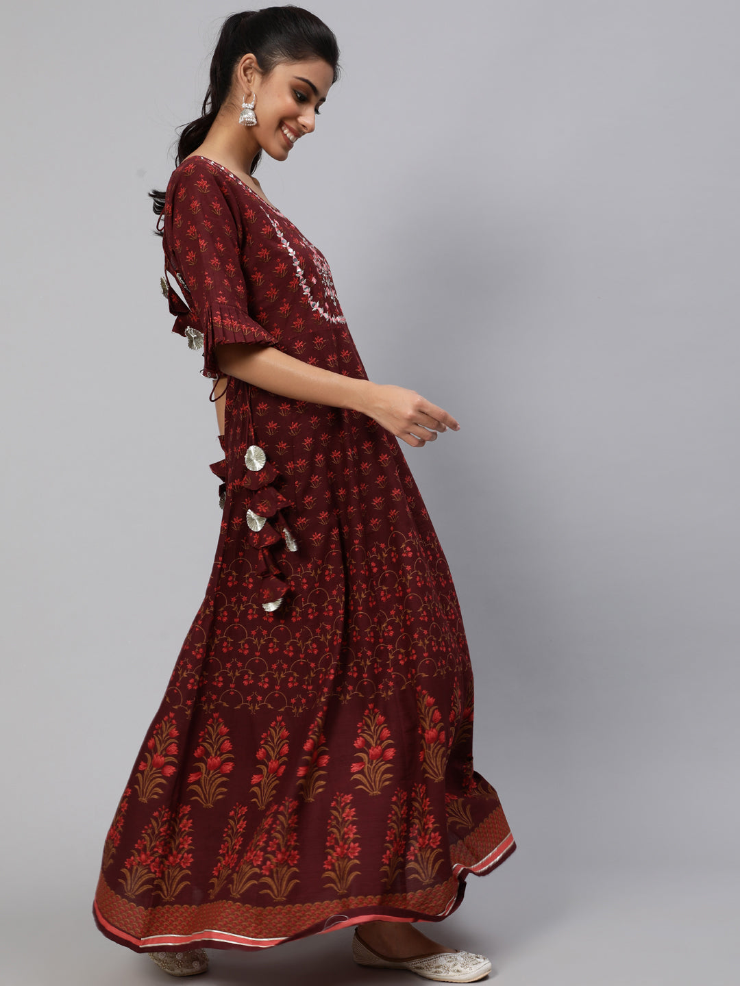 Women's Maroon Floral Print Flared Maxi Dress - Aks