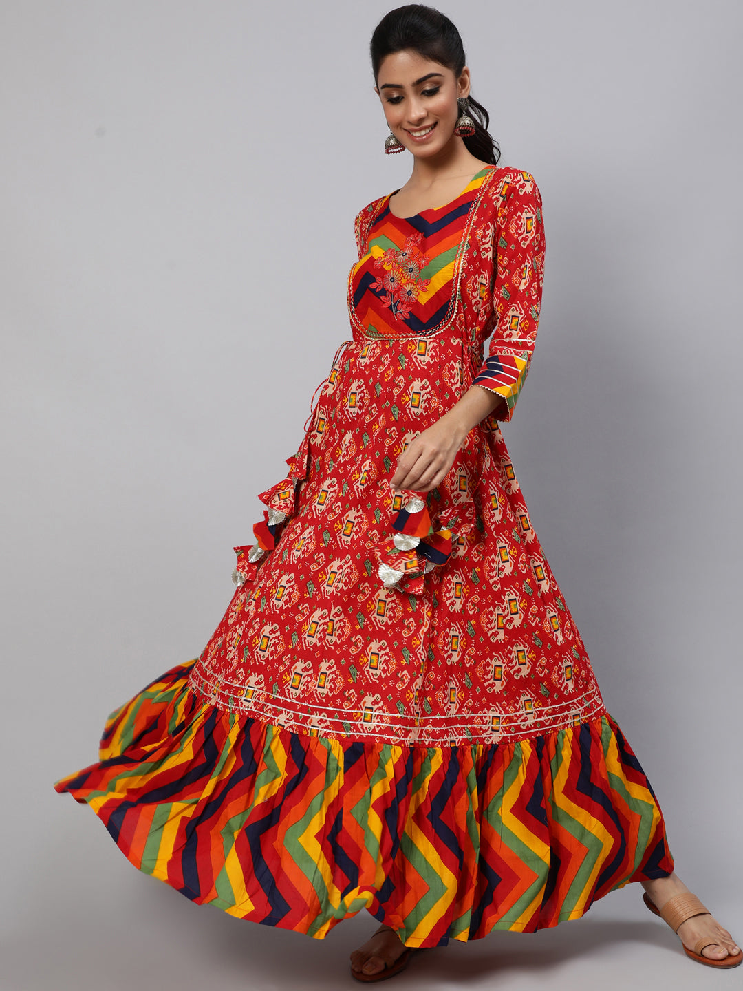 Women's Red Maxi Dress With Embroidered Yoke - Aks