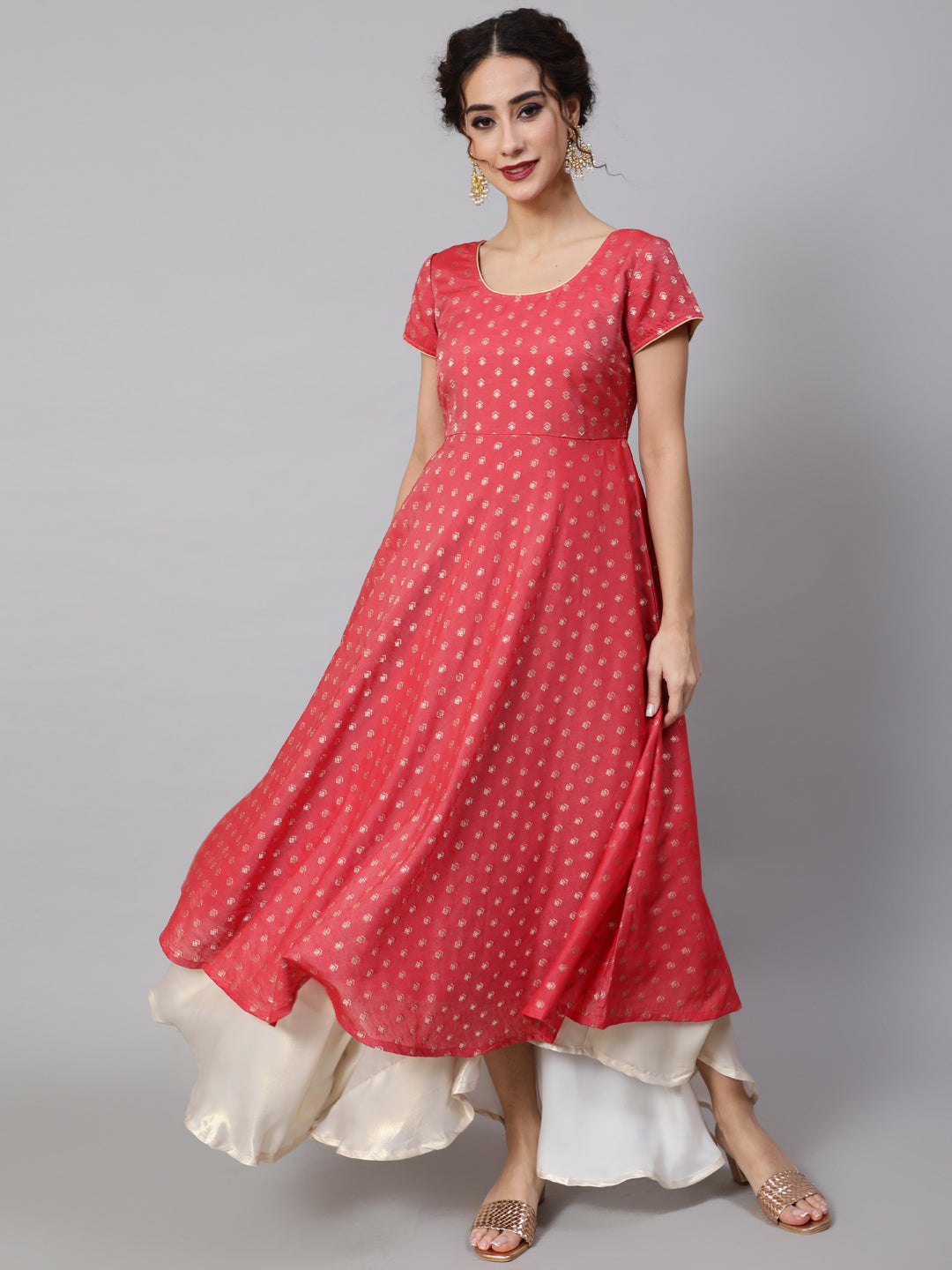 Women's Red Dobby Designed Anarkali - Aks
