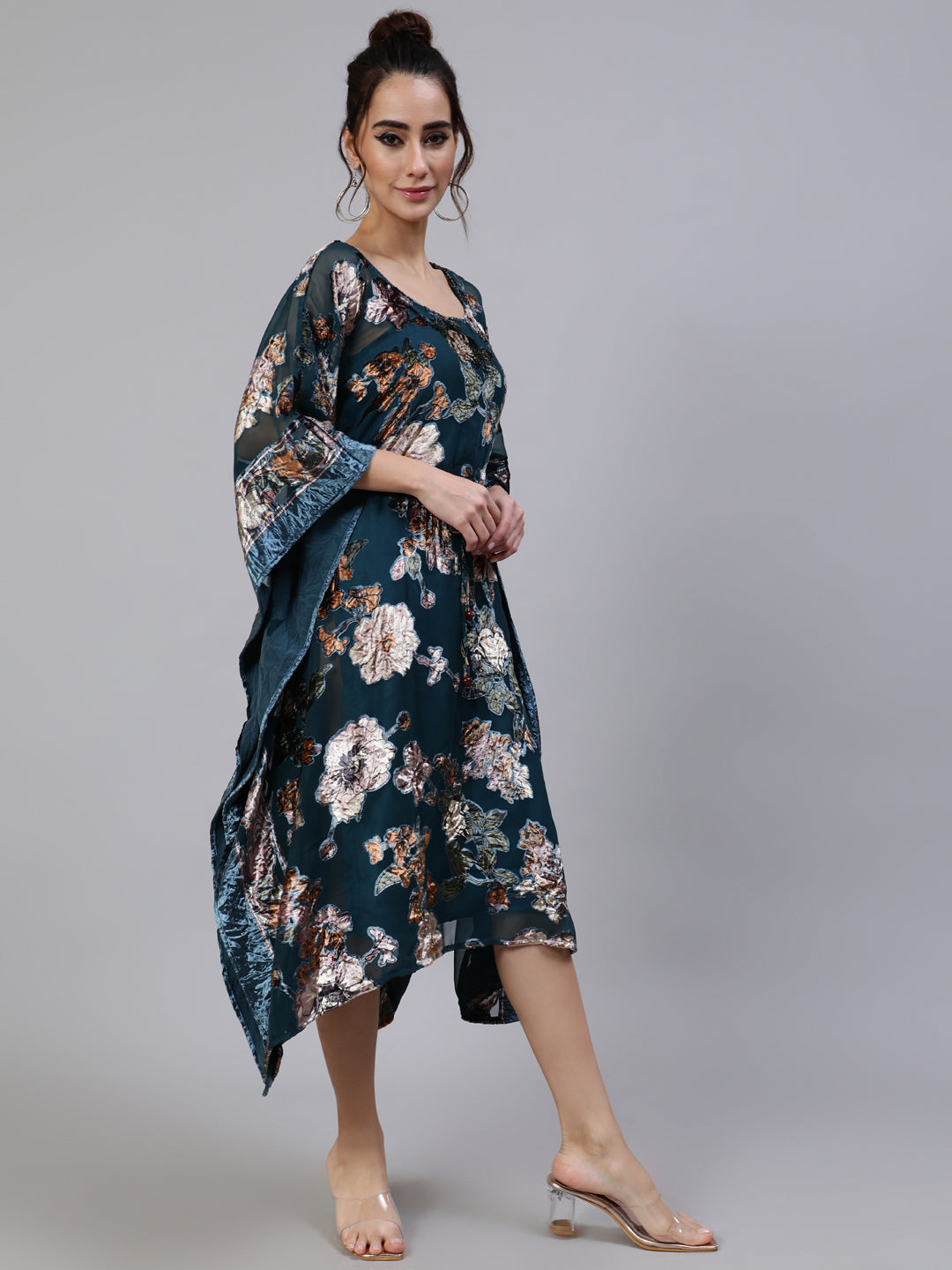 Women's Blue Floral Print Kaftan Sleeve Dress - Aks