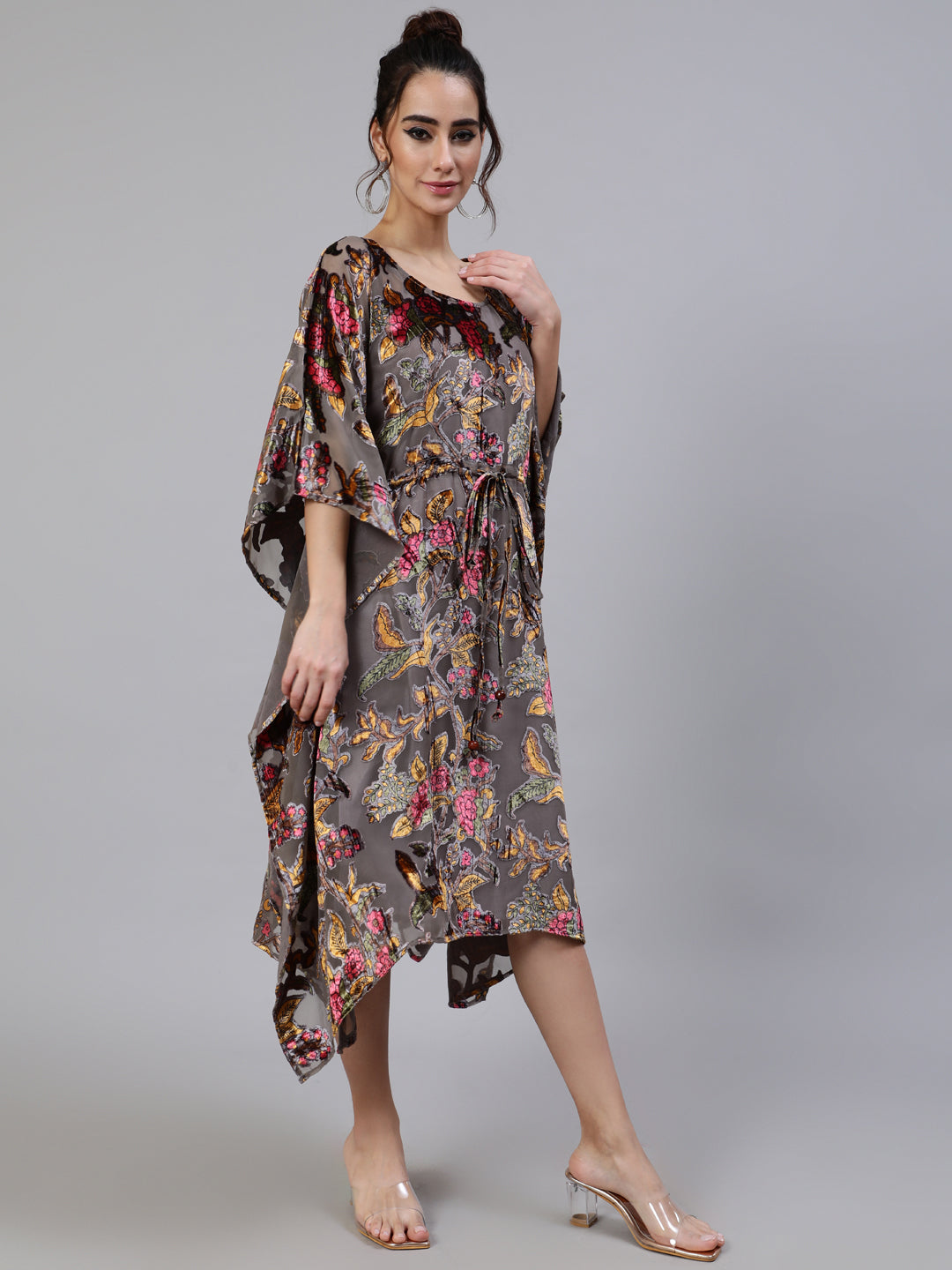 Women's Grey Floral Print Kaftan Dress with Waist Tie-Up - Aks