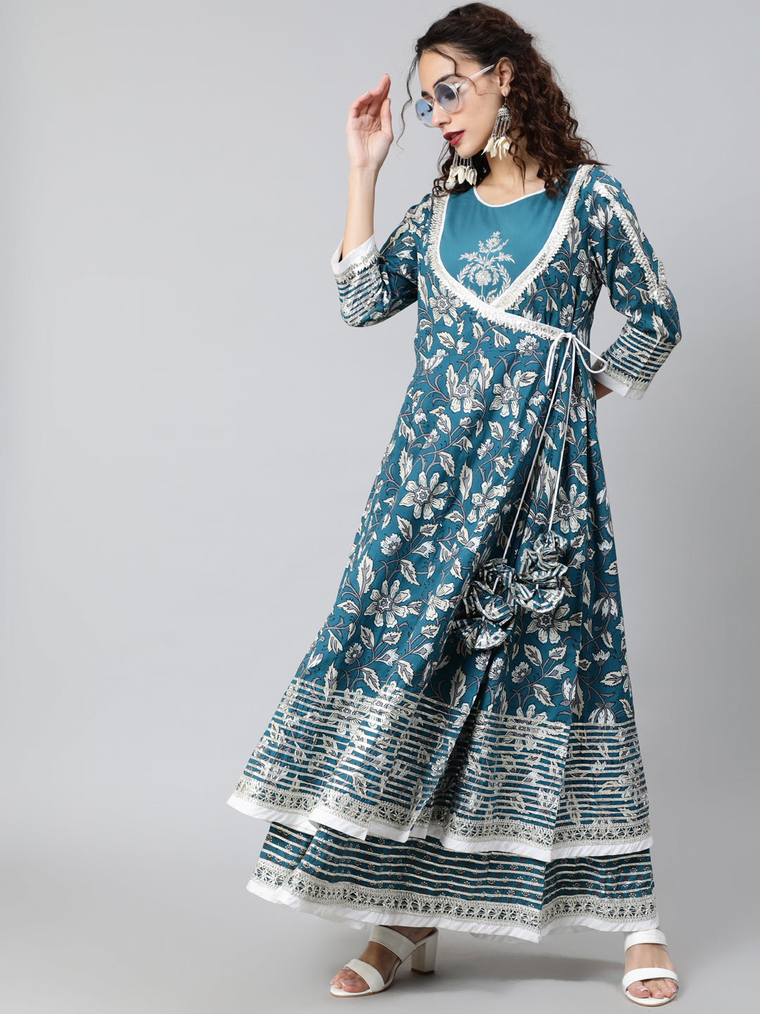 Women's Blue Floral Print Layered Maxi Dress - Aks