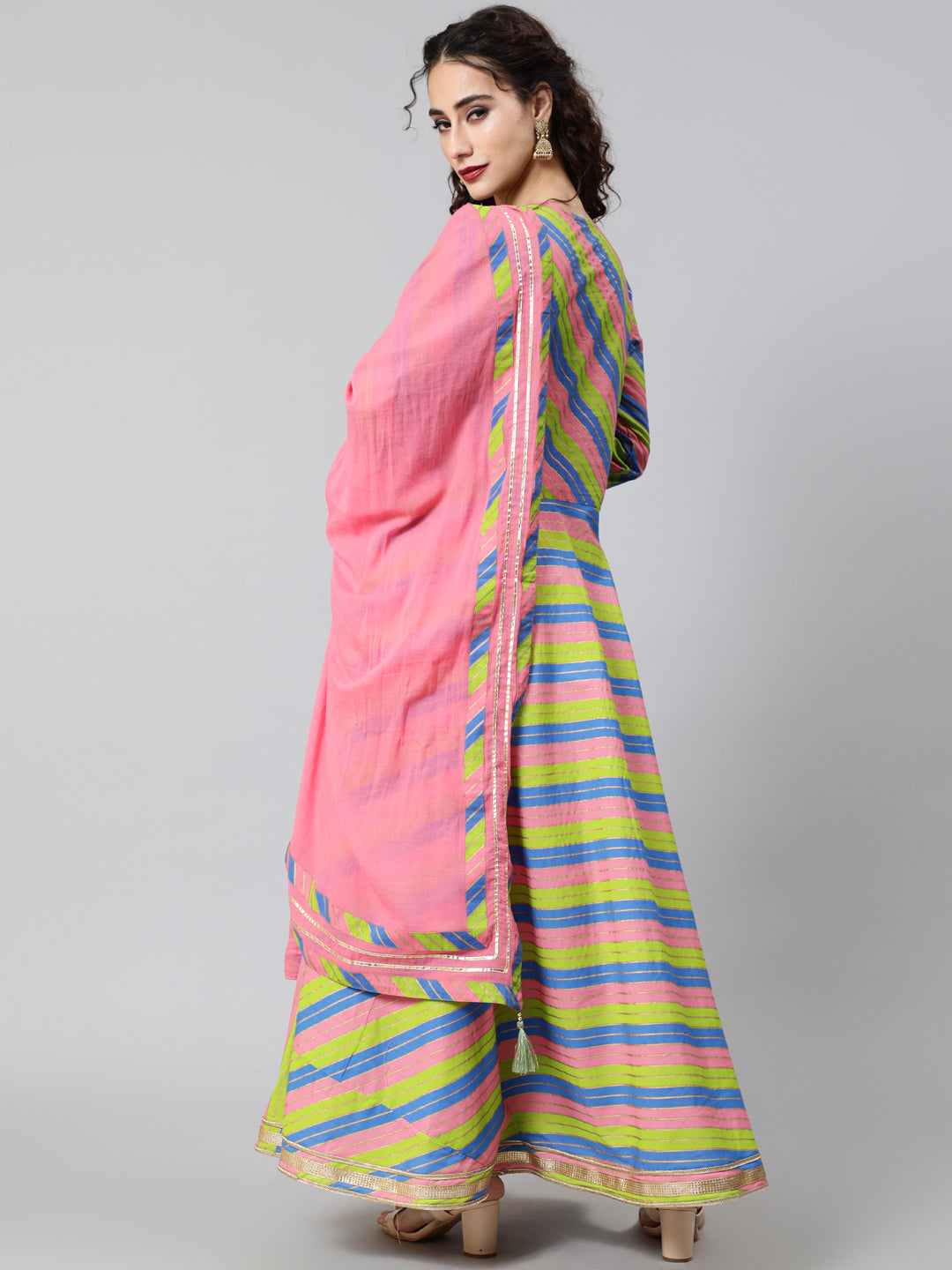 Women's Pink & Green Leheriya Print Maxi Dress With Dupatta - Aks