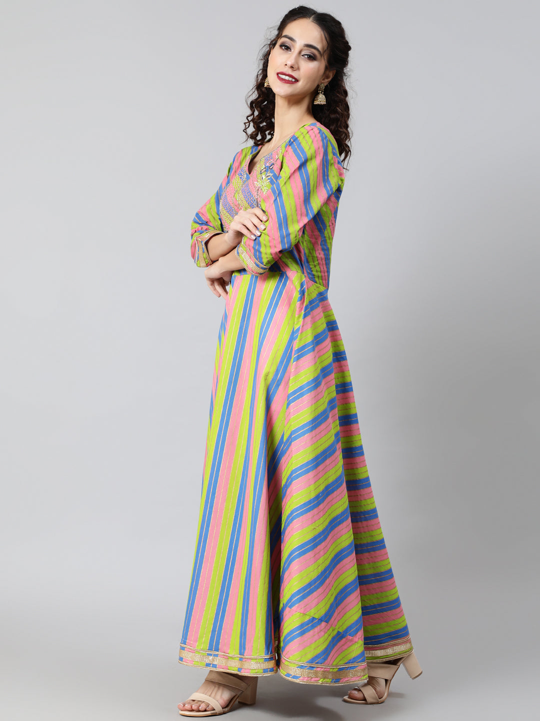 Women's Pink & Green Leheriya Print Maxi Dress With Dupatta - Aks