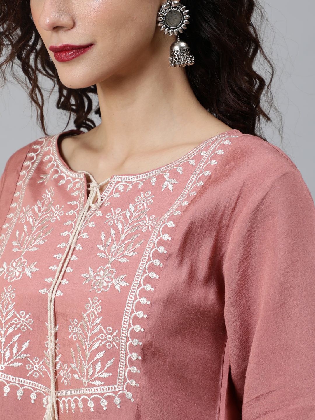 Women's Rose Gold Embroidered Gathered Tunic - Aks