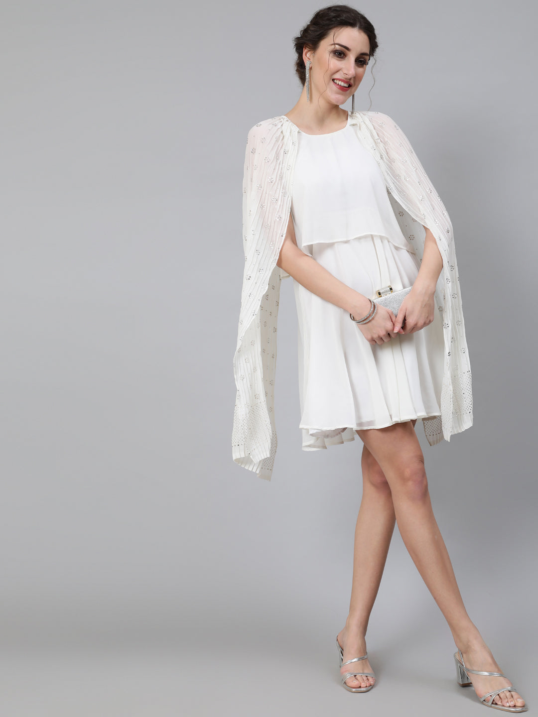 Women's Cream Embellished Layered Dress With Flared Sleeve - Aks