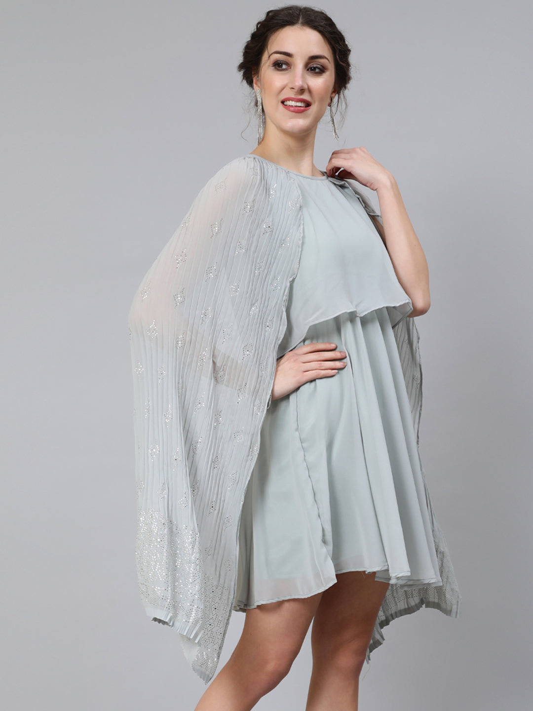 Women's Grey Embellished Layered Dress With Flared Sleeve - Aks