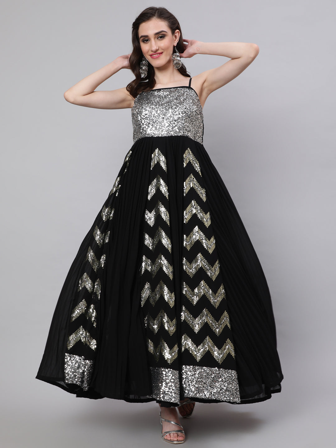 Women's Black Sequin Pleated Maxi Dress - Aks