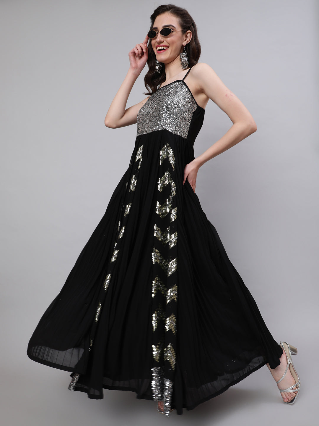 Women's Black Sequin Pleated Maxi Dress - Aks