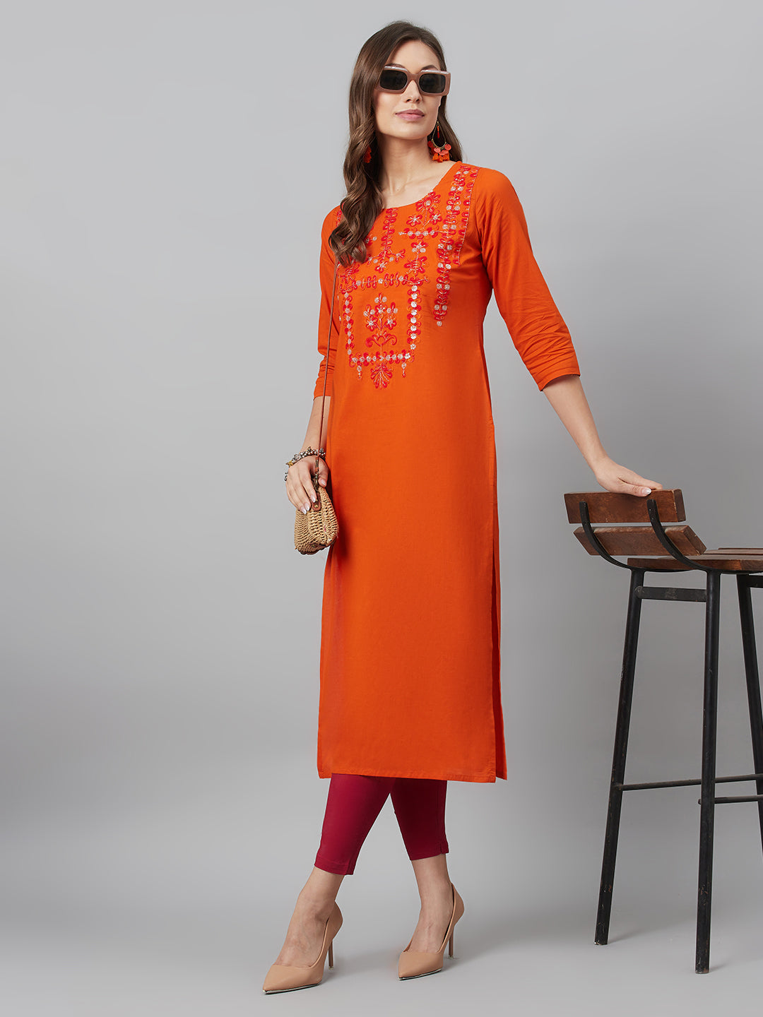 Women's Orange Embroidered Kurta - Aks