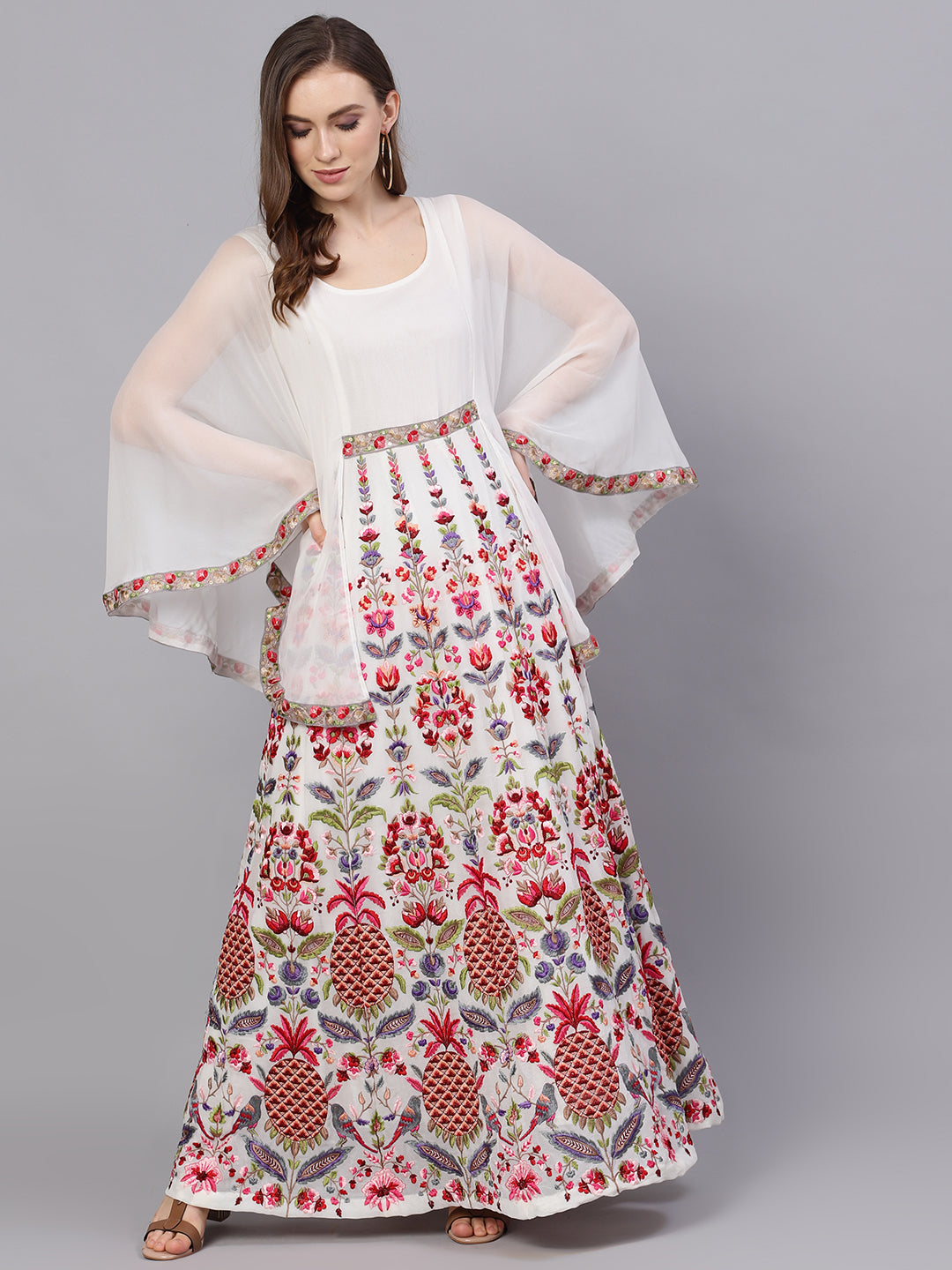 Women's White Embroidered Maxi Dress With Cape Sleeves - Aks