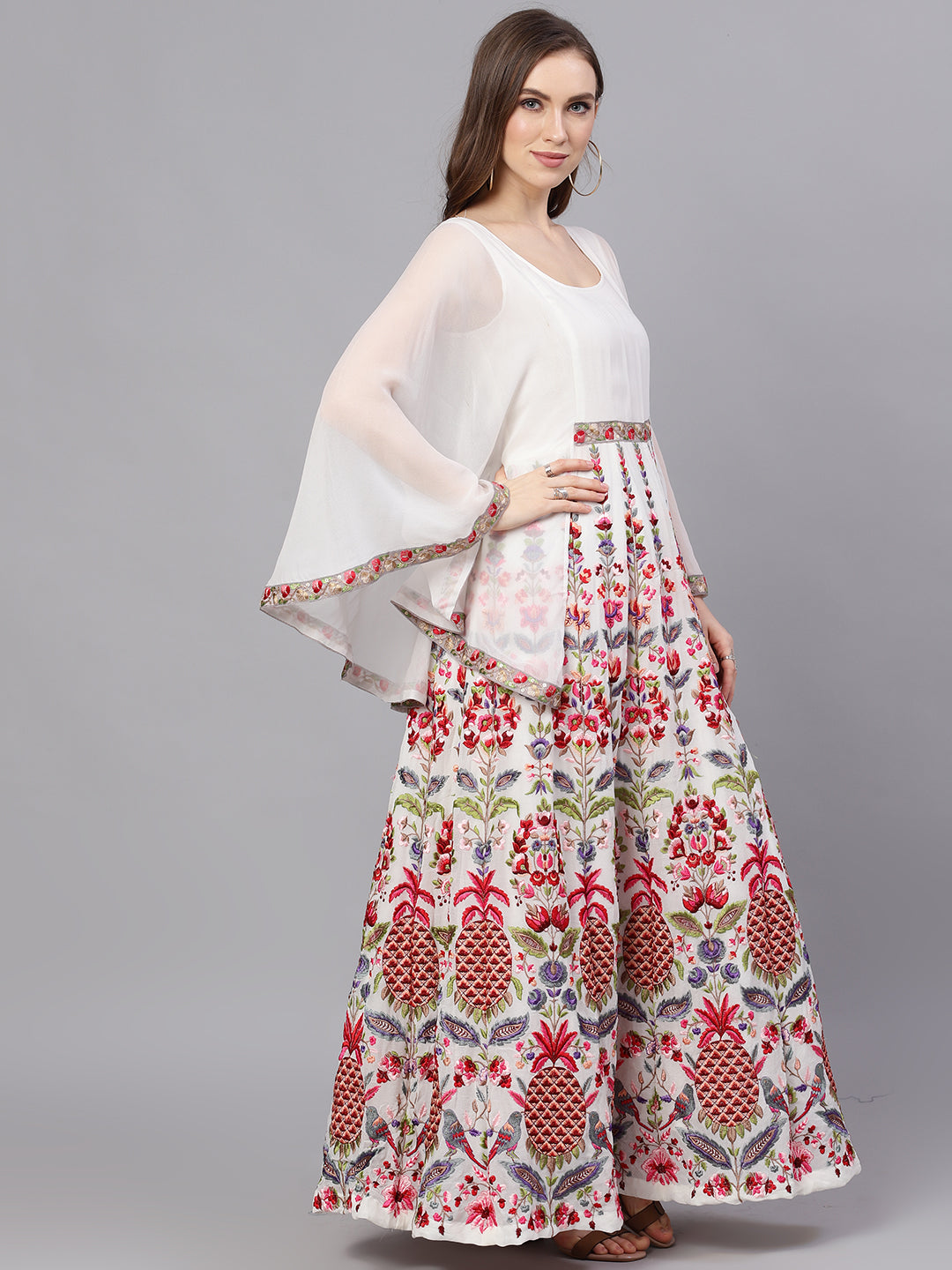 Women's White Embroidered Maxi Dress With Cape Sleeves - Aks