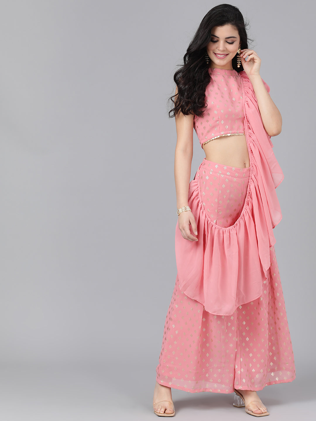 Women's Pink Foil Printed Co Ord Set Pant Saree - Aks