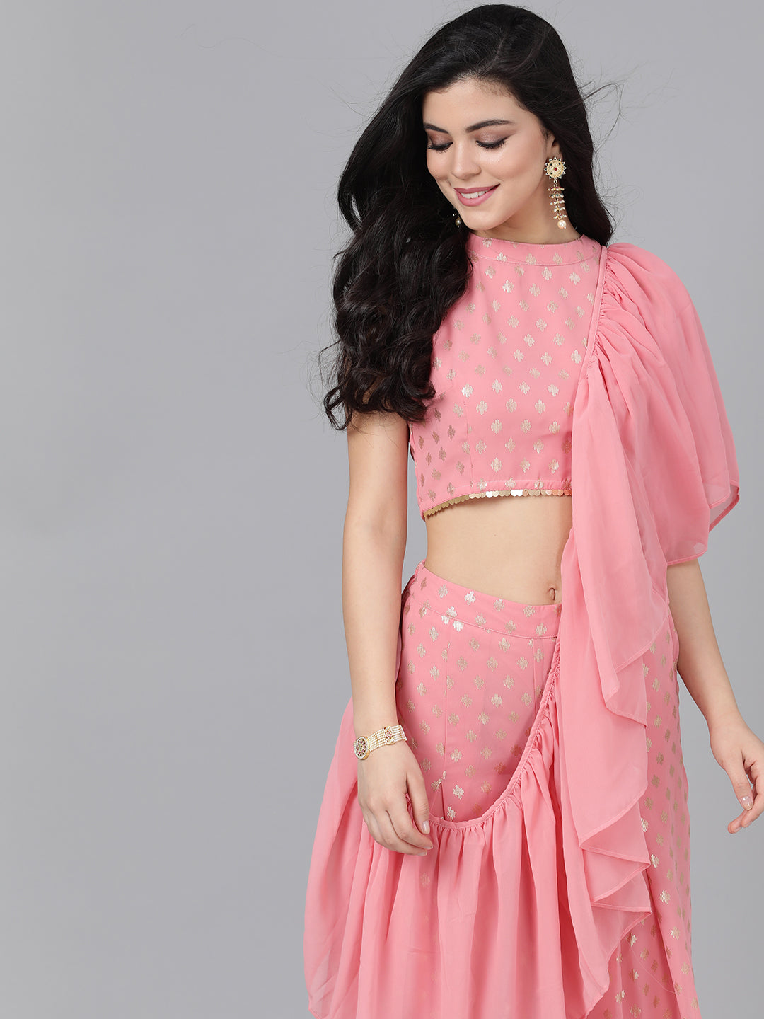 Women's Pink Foil Printed Co Ord Set Pant Saree - Aks