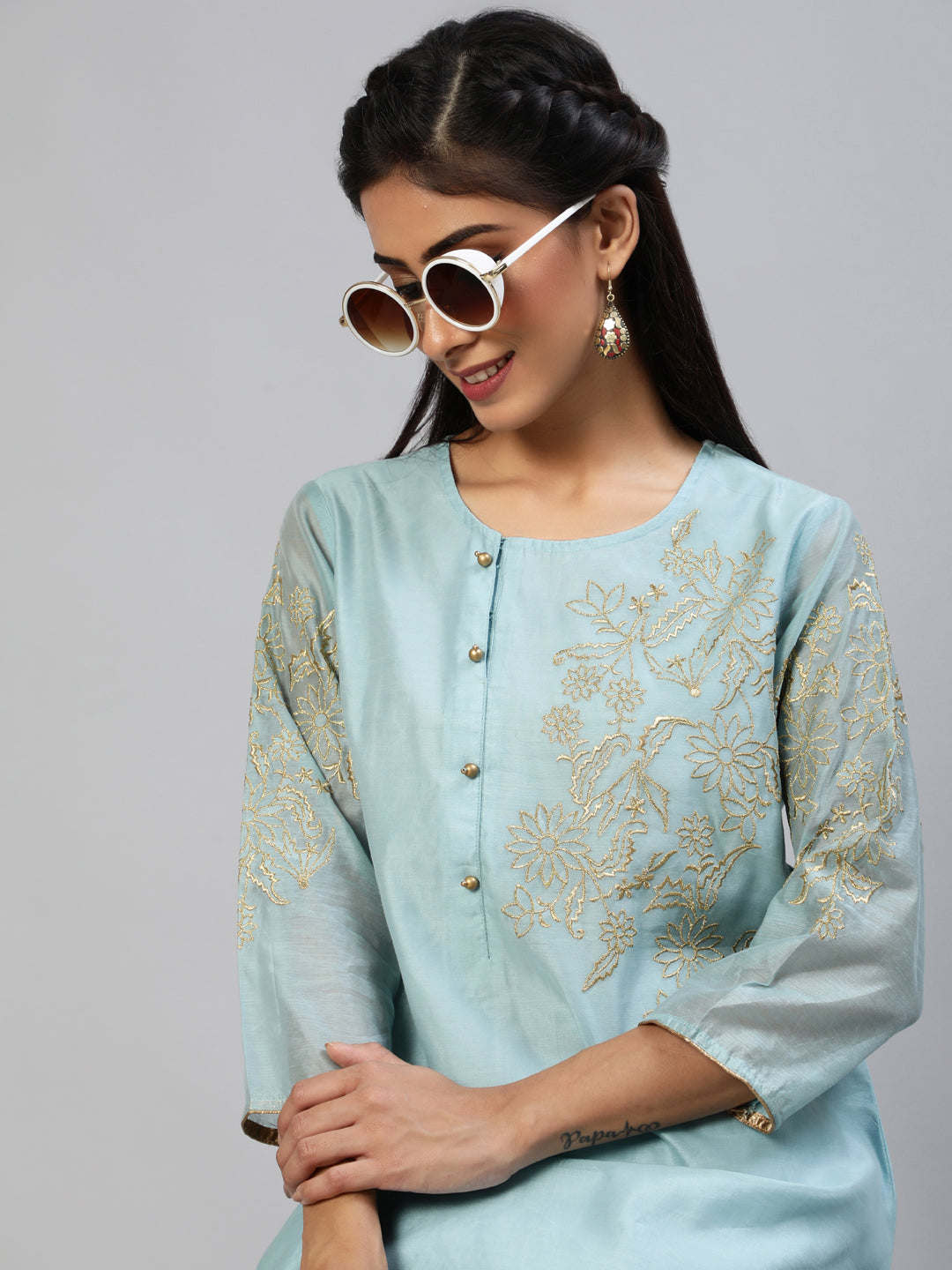 Women's Chanderi suit set with golden zari embroidery - Aks