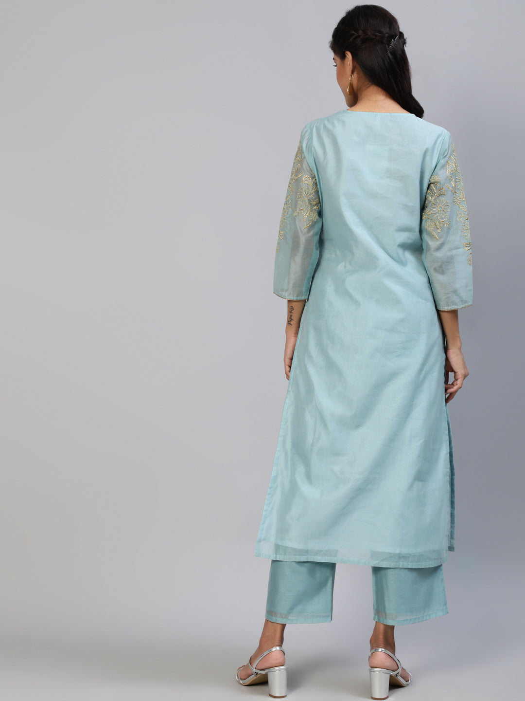 Women's Chanderi suit set with golden zari embroidery - Aks