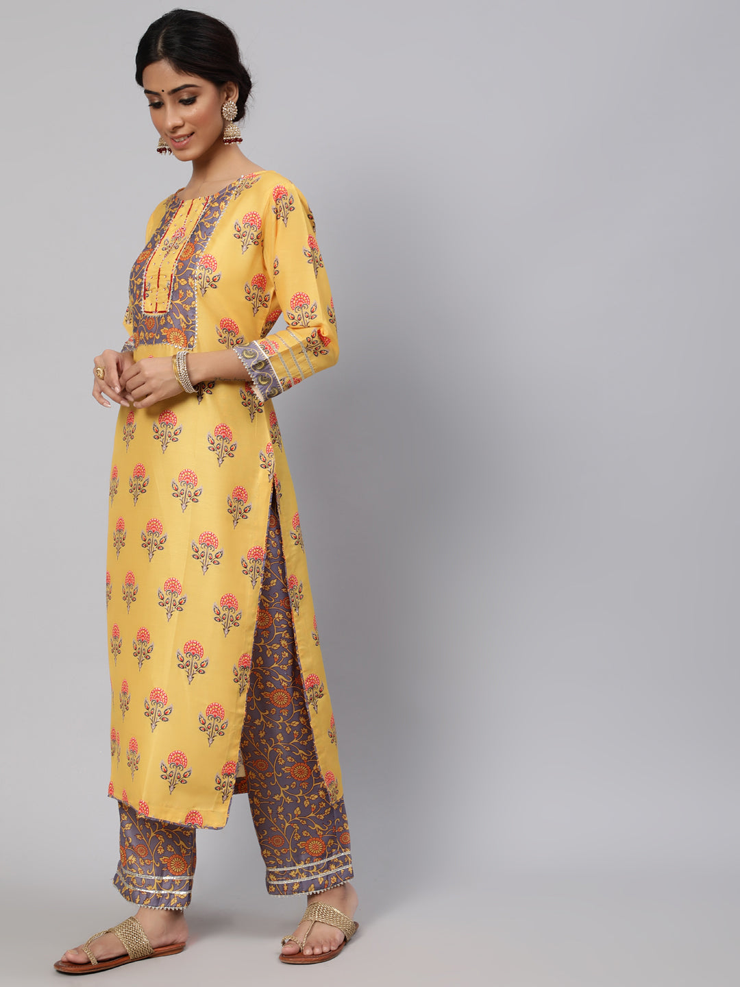 Women's Yellow Floral Printed Kurta Pant With Dupatta - Aks
