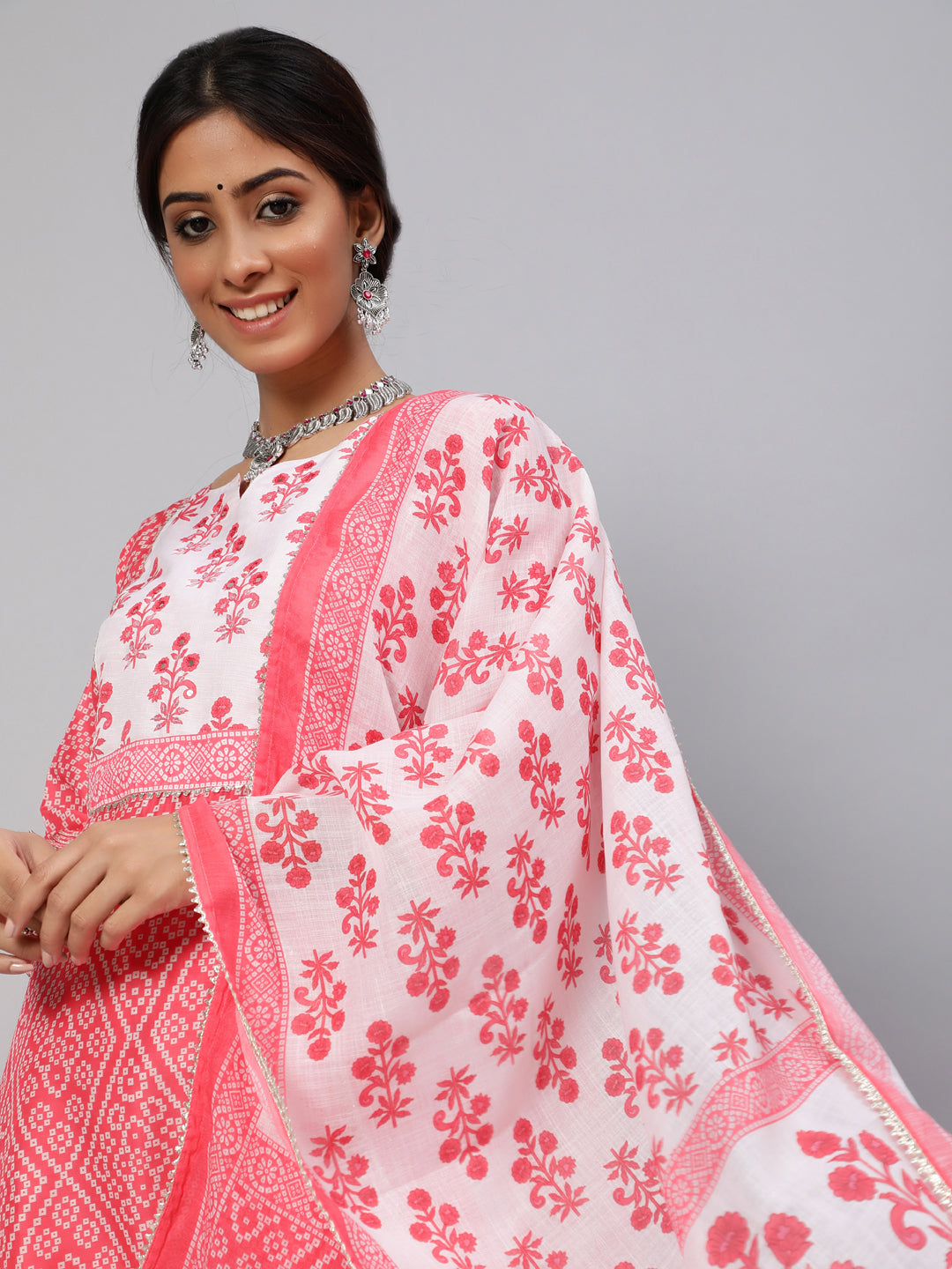 Women's Pink Bandhani Print Kurta Pant With Dupatta - Aks