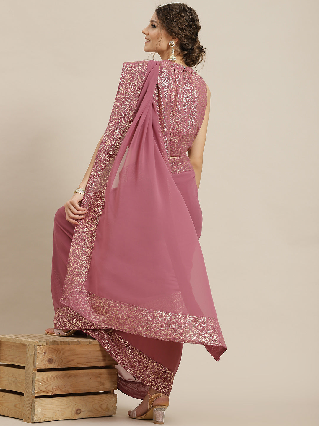 Women's Mauve Foil Printed Saree With Blouse - Aks