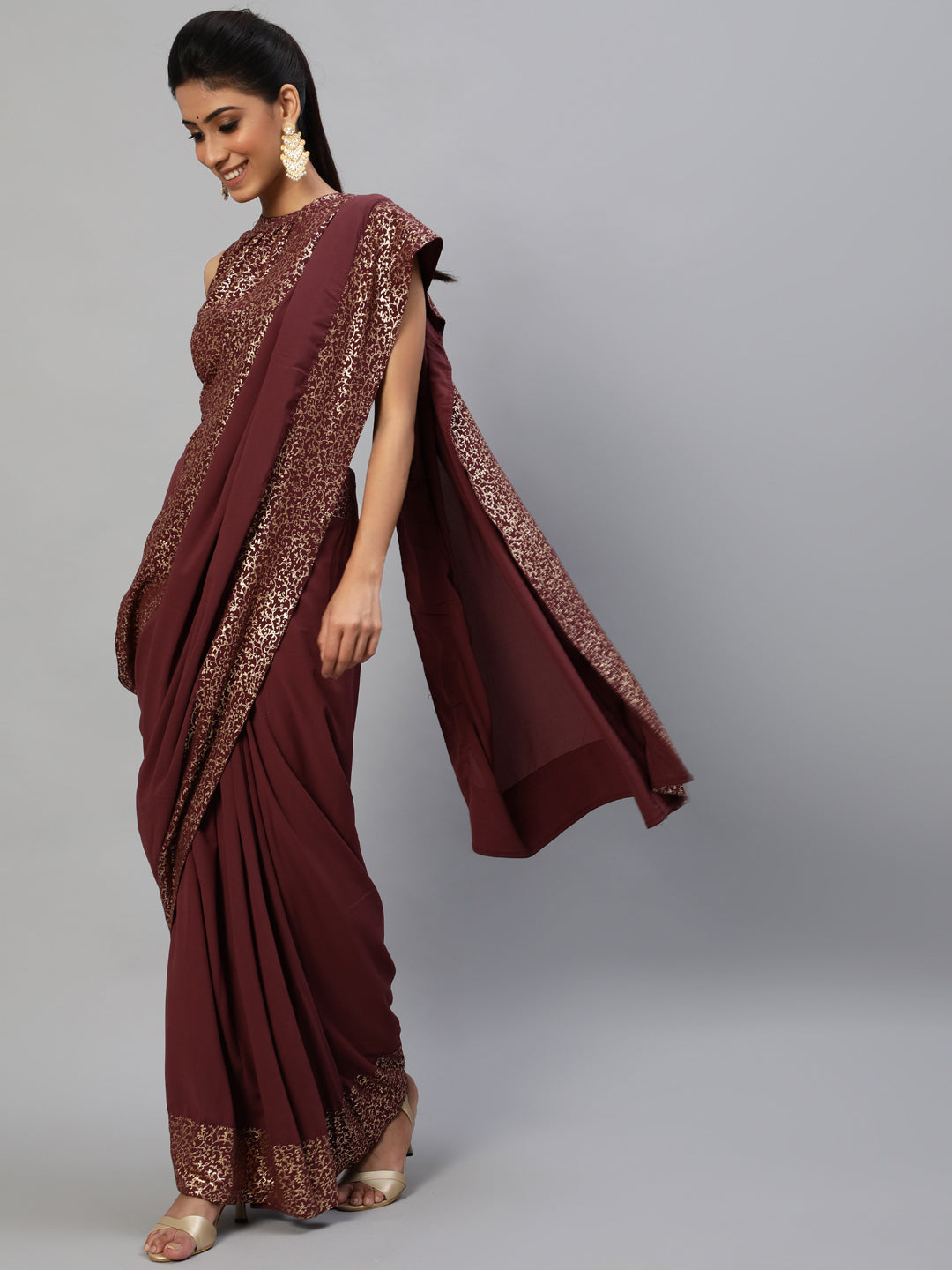 Women's Burgundy Foil Printed Saree With Blouse - Aks