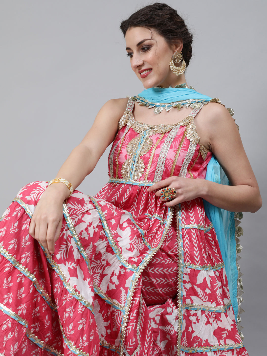 Women's Pink Printed Anarkali Sharara With Dupatta - Aks