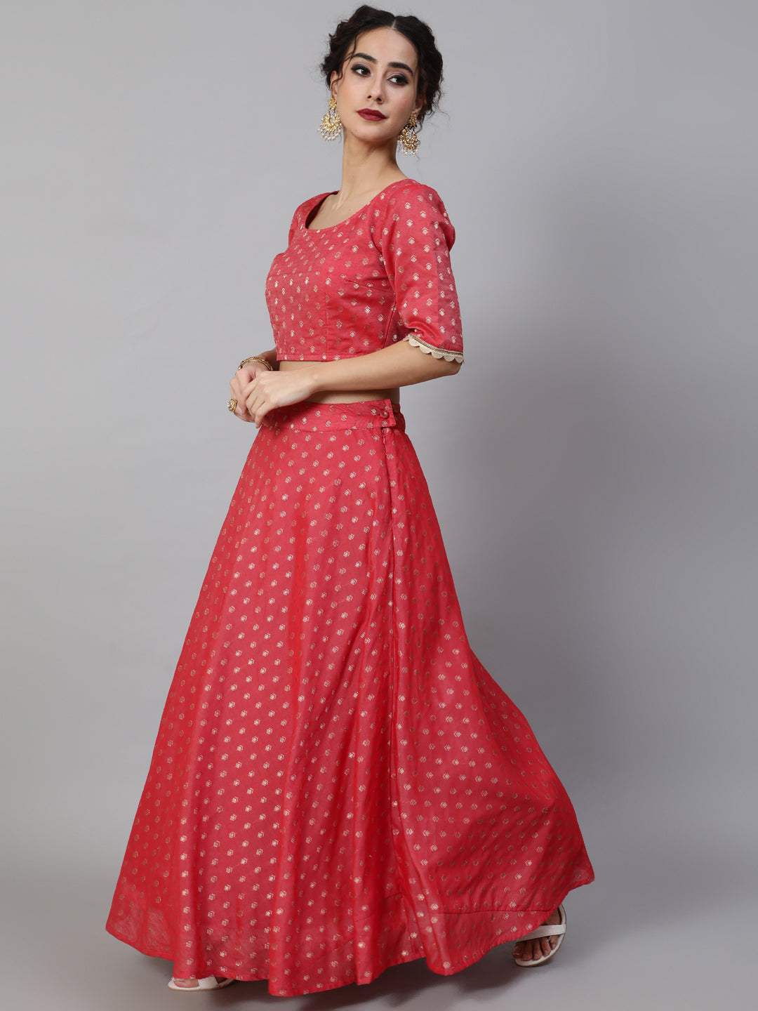 Women's Red Dobby Designed Lehenga Choli With Dupatta - Aks