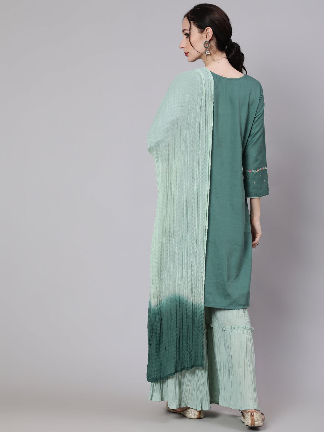 Women's Green Embellished Straight Kurta Sharara With Dupatta - Aks