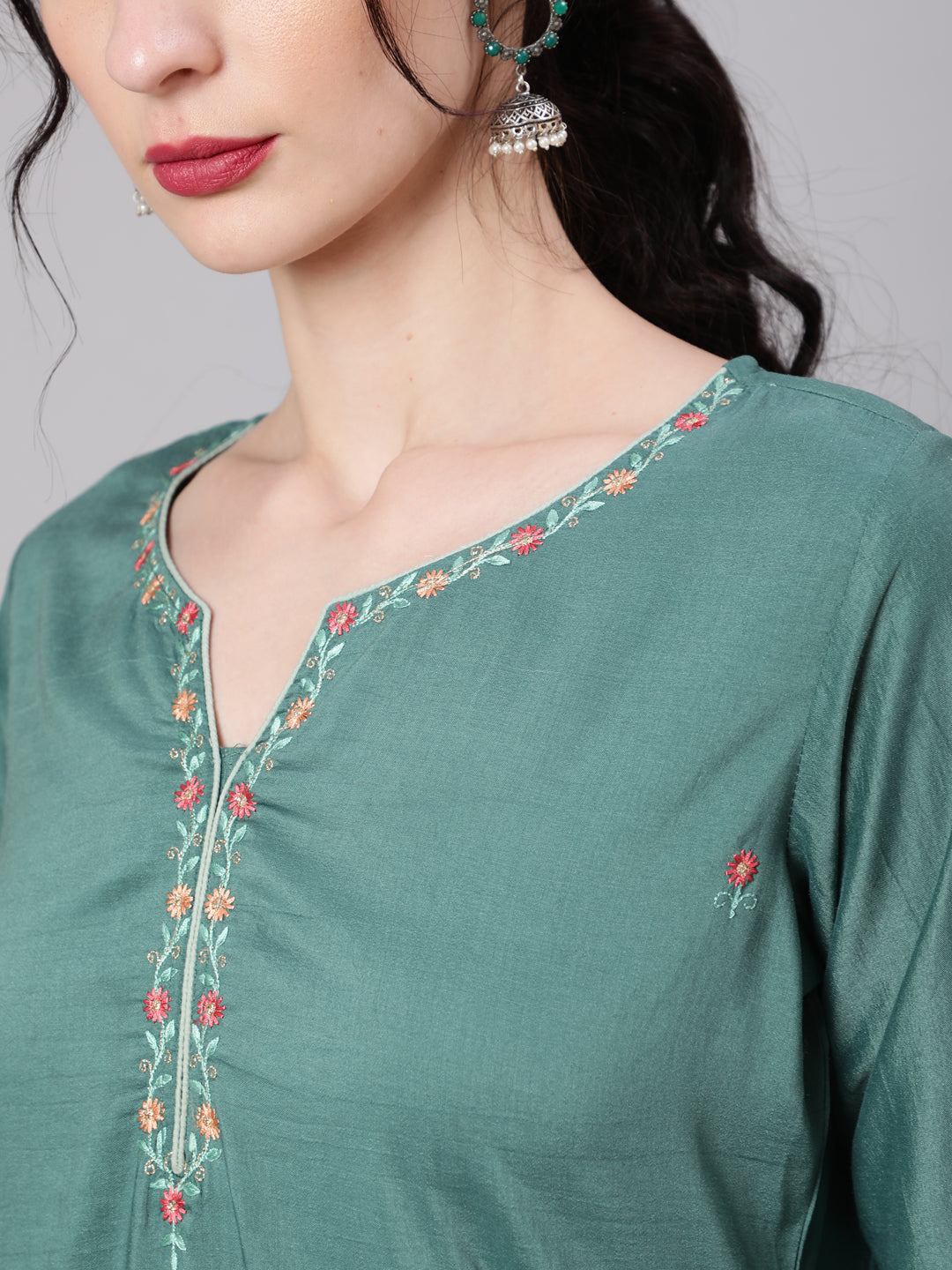 Women's Green Embellished Straight Kurta Sharara With Dupatta - Aks