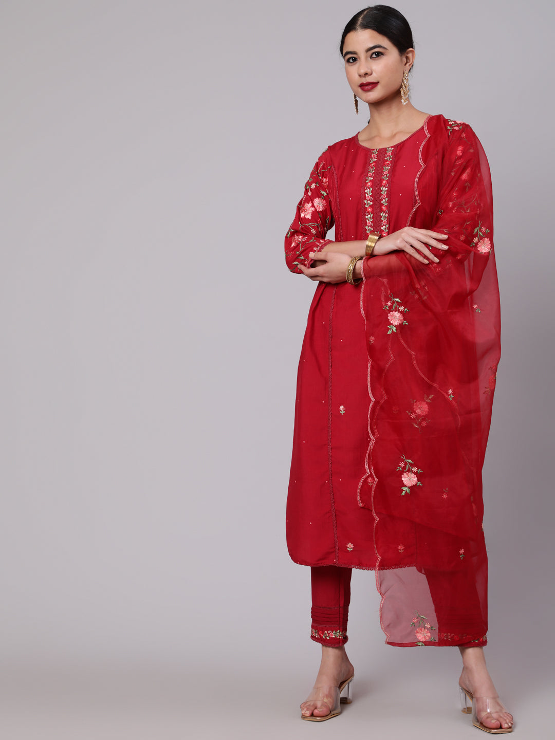 Women's Red Embroidered A-Line Kurta Pant With Dupatta - Aks