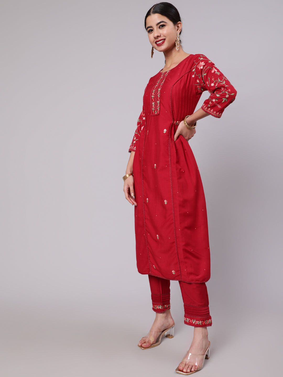 Women's Red Embroidered A-Line Kurta Pant With Dupatta - Aks