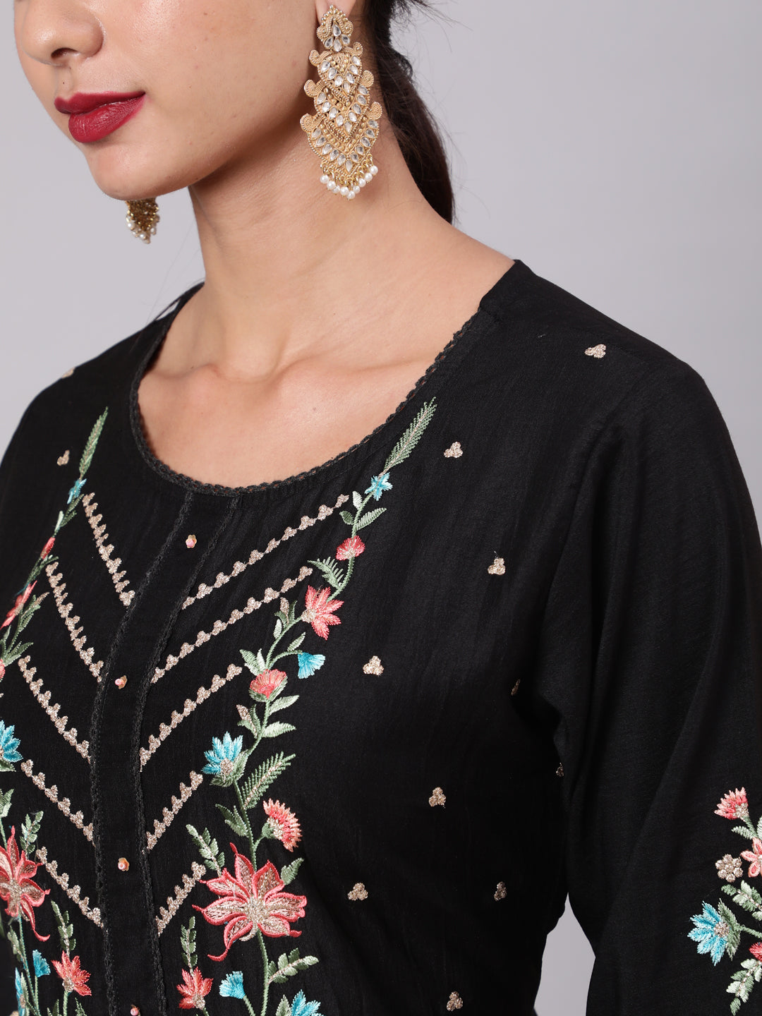 Women's Black Embroidered A-Line Kurta Pant With Dupatta - Aks