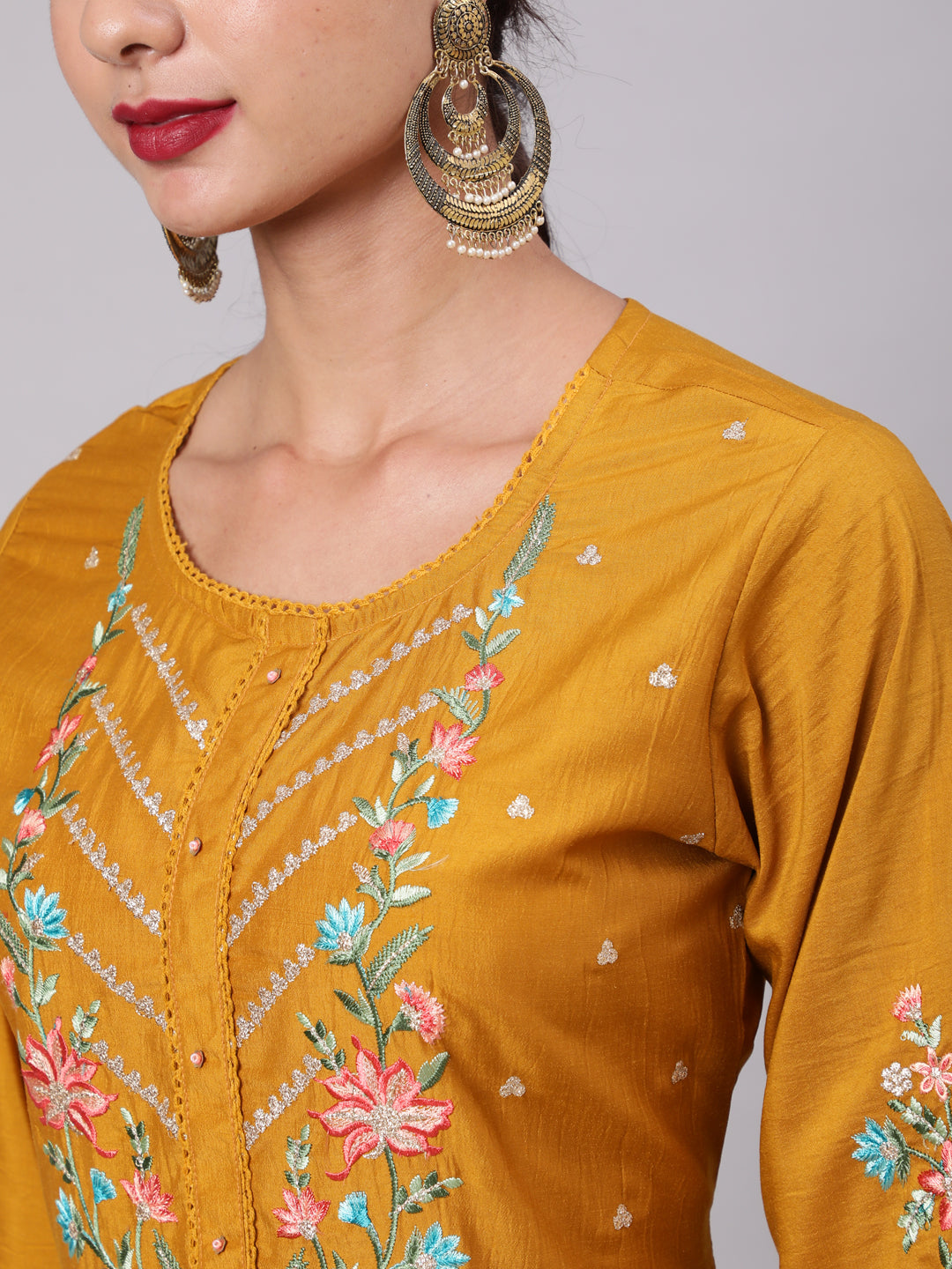 Women's Mustard Embroidered A-Line Kurta Pant With Dupatta - Aks