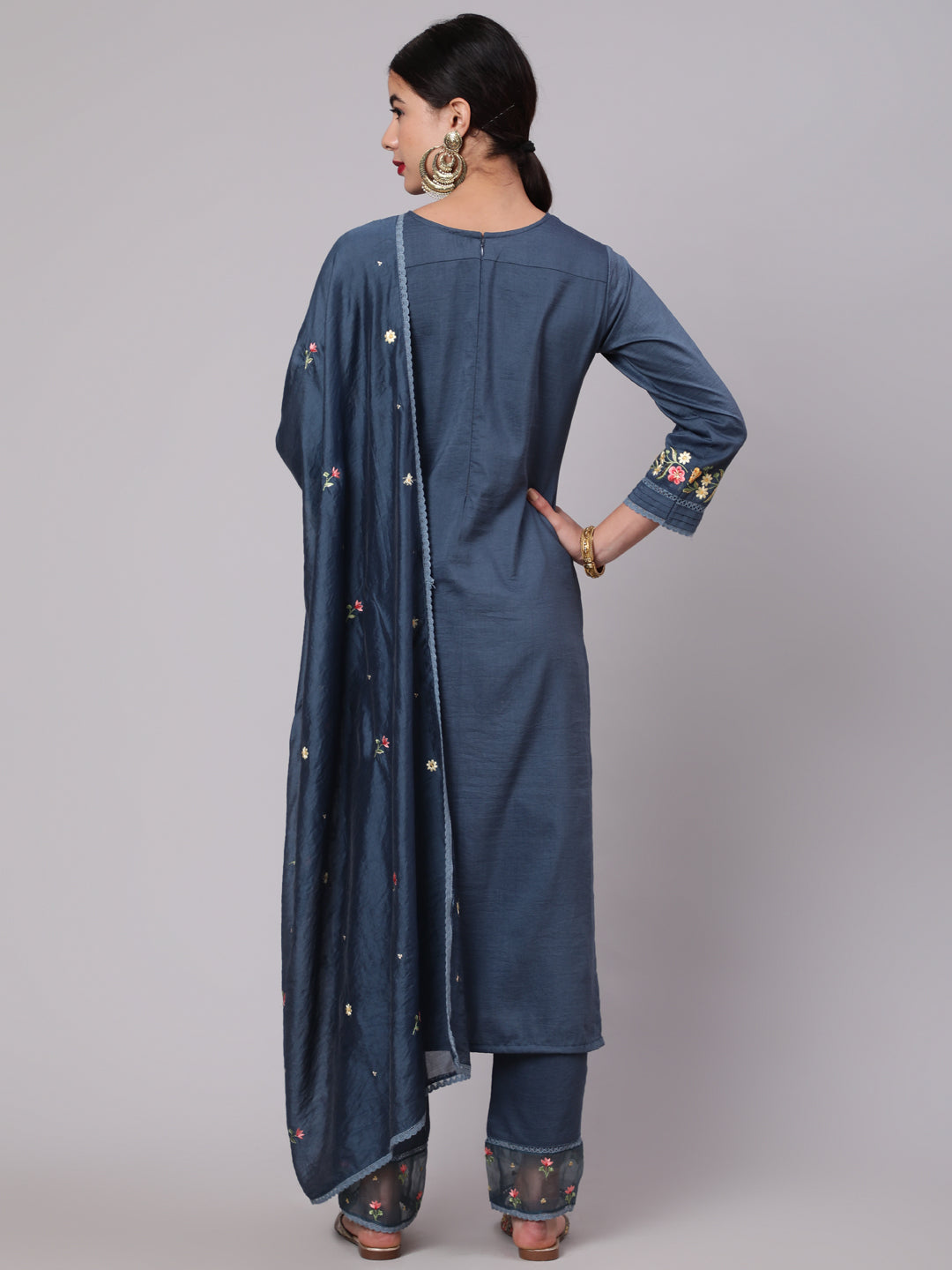 Women's Blue Embroidered Kurta Pant With Dupatta - Aks