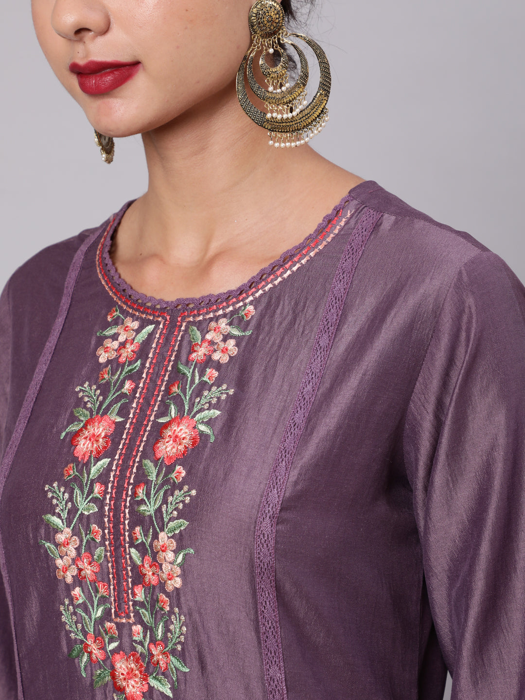 Women's Purple Embroidered Kurta Pant With Dupatta - Aks